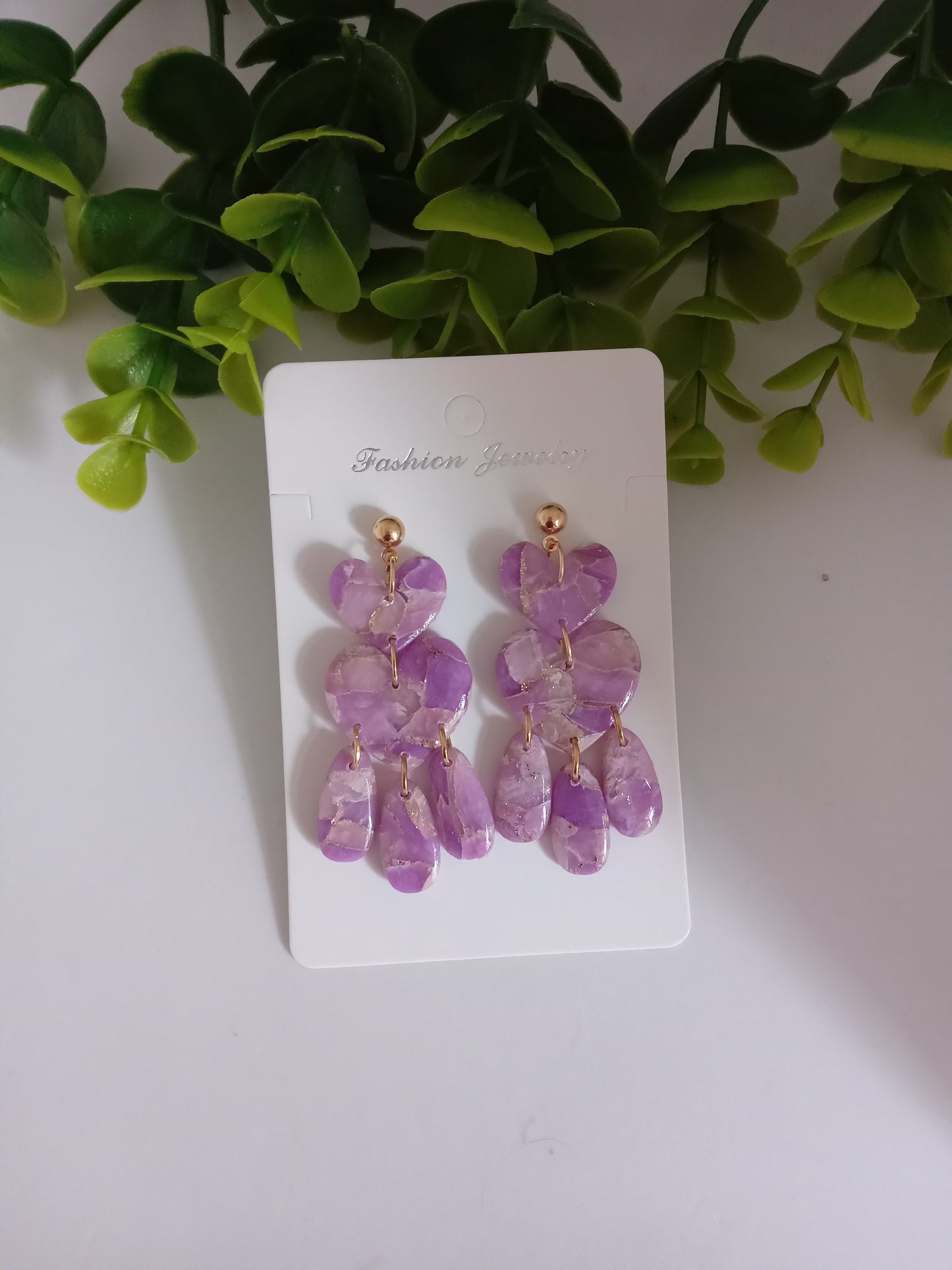 Purple Marble Heart Dangle Earrings - Lightweight Clay Statement Jewelry