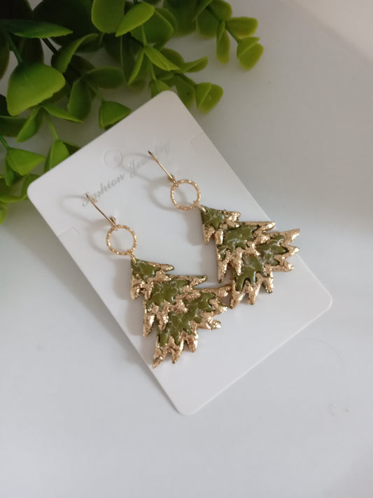 Bold Christmas Tree Earrings with Gold Foil- Handmade Holiday Jewelry for Women