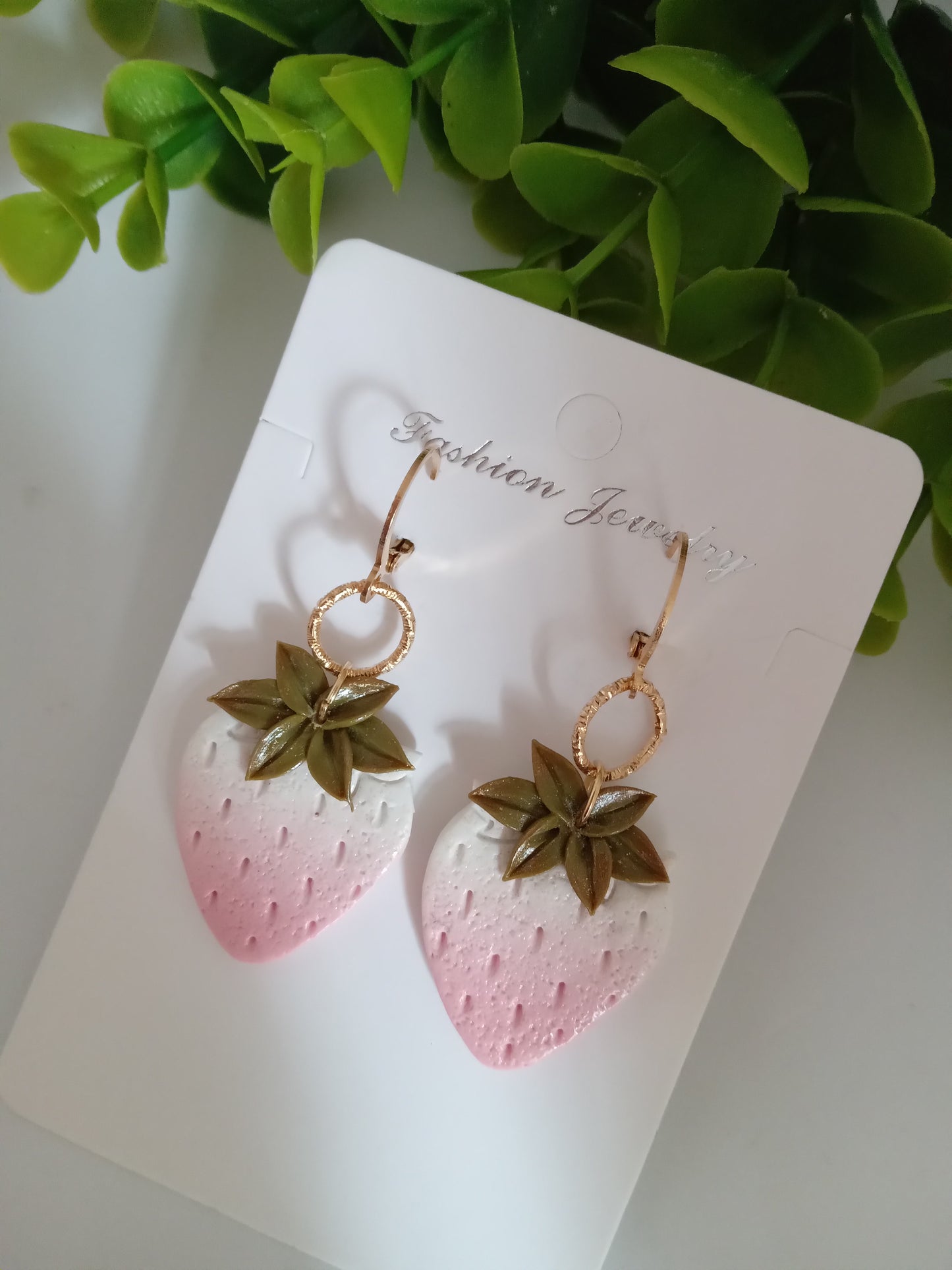 Handmade Dangle Strawberry Earrings - Pink White Polymer Clay Fruit Jewelry for Women
