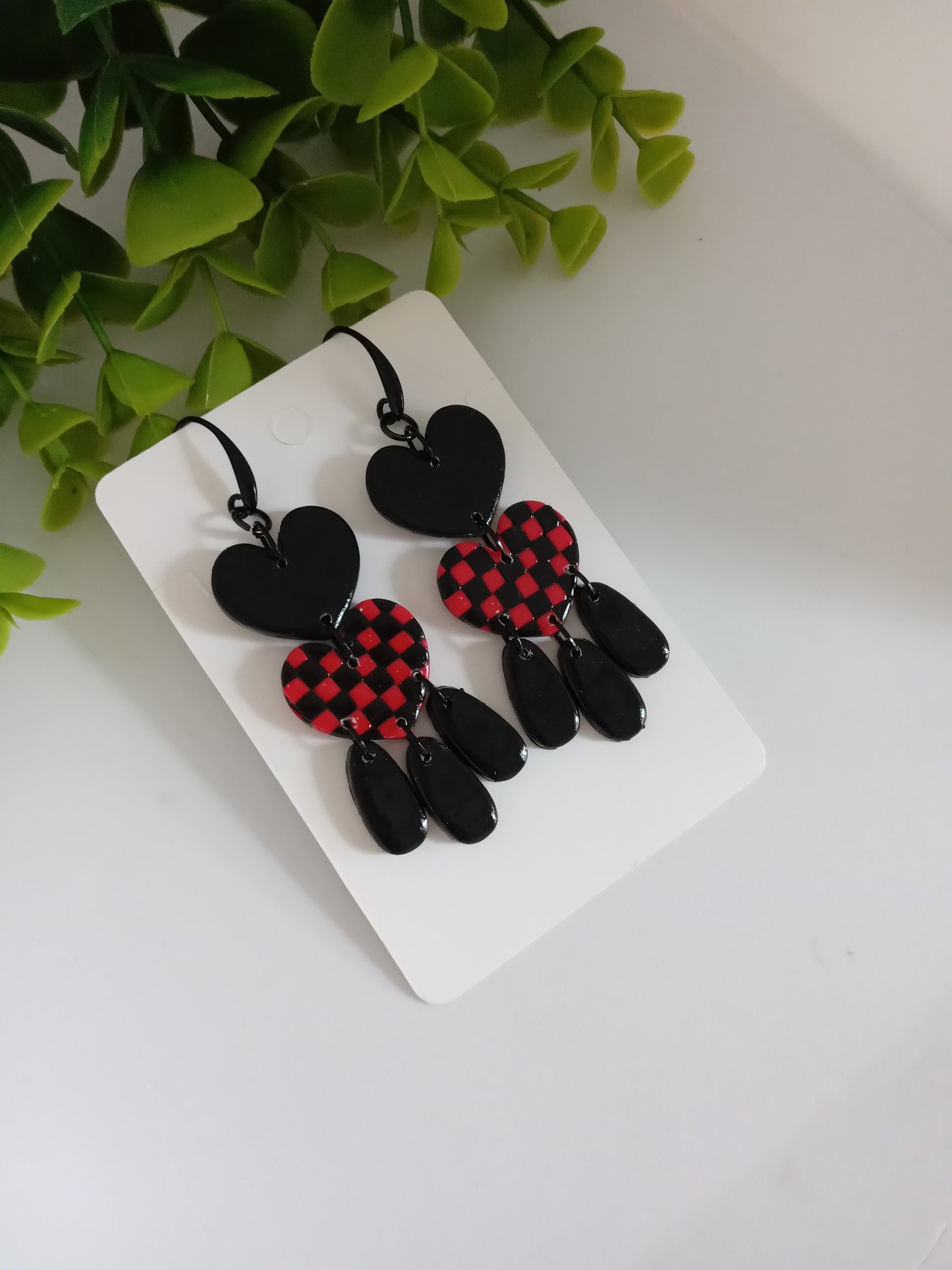 Polymer Clay Earrings Handmade - Bold Red Black Heart Statement Dangles for Her