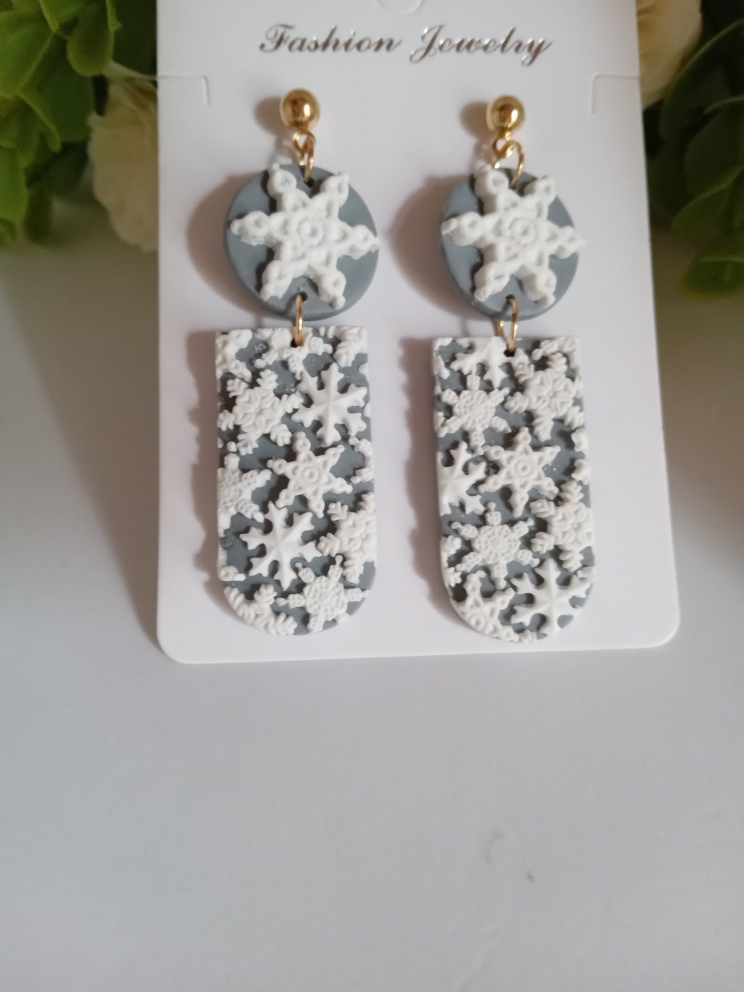 Snowflake Earrings- Winter Polymer Clay Drop Earrings/Handmade Holiday Jewelry