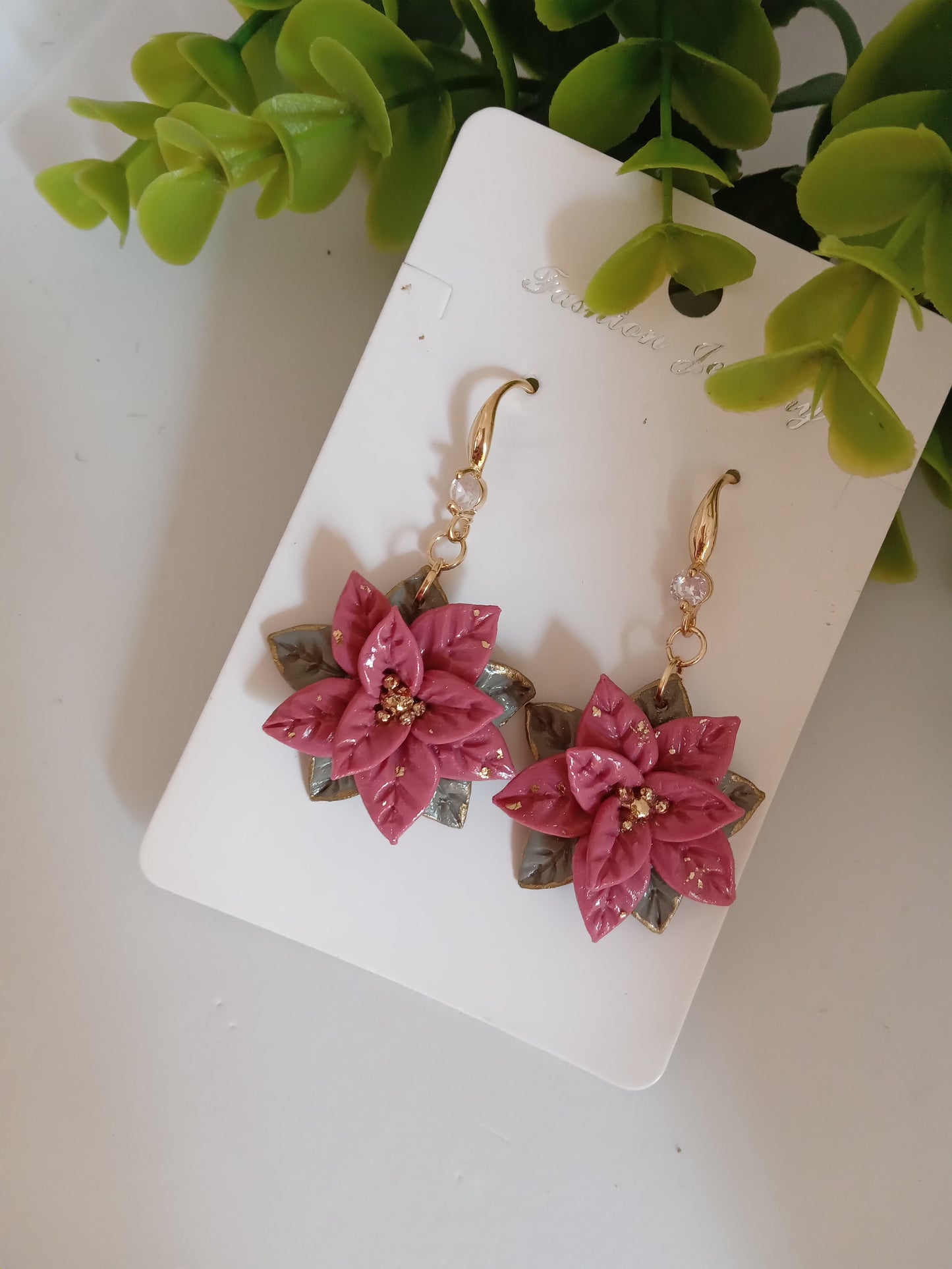 Christmas pink Poinsettia Flower Earrings – Handmade Holiday Dangle Earrings, Festive Floral Jewelry Gift for Women