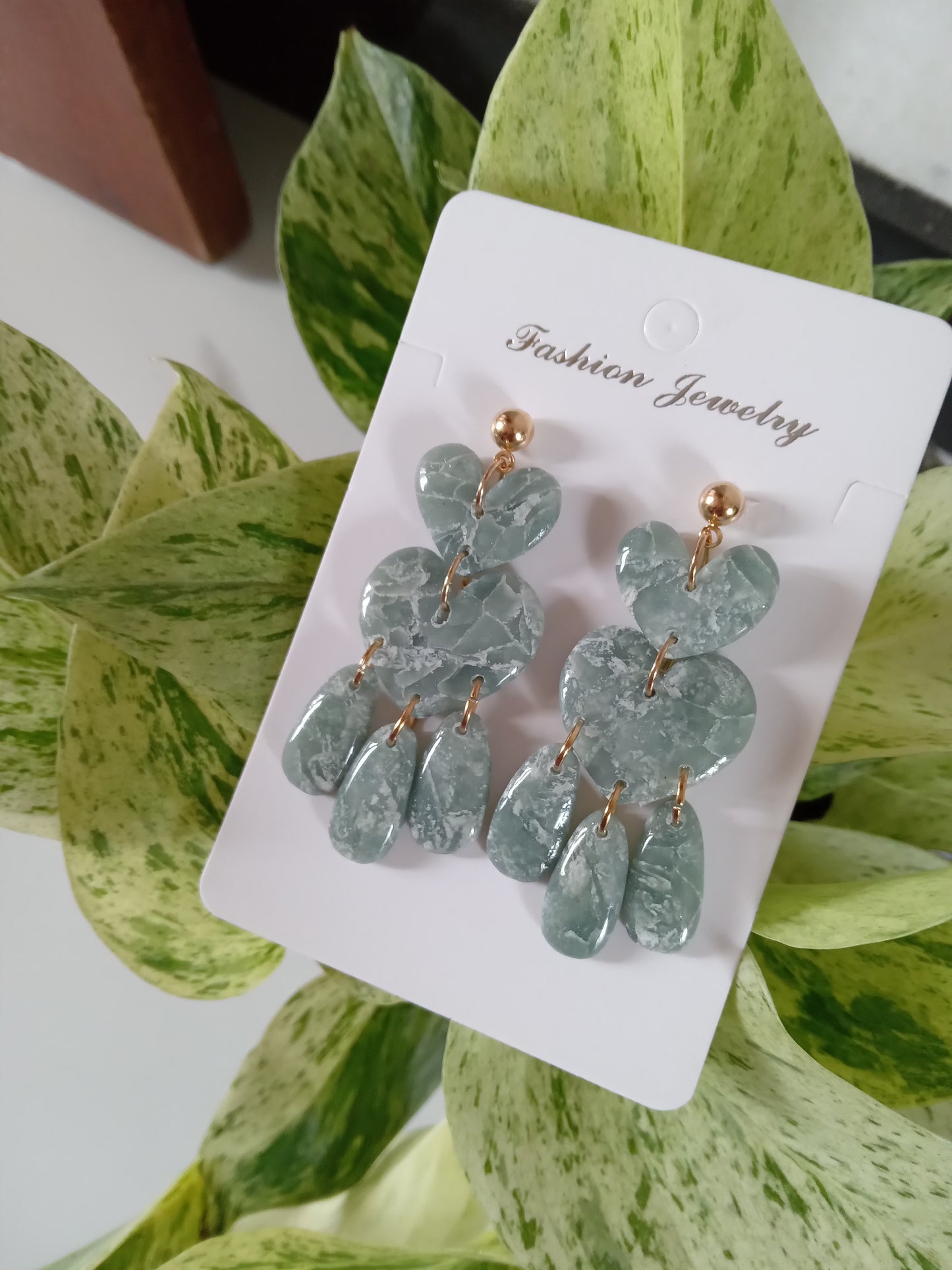 Green Marble Heart Dangle Earrings - Lightweight Clay Statement Jewelry