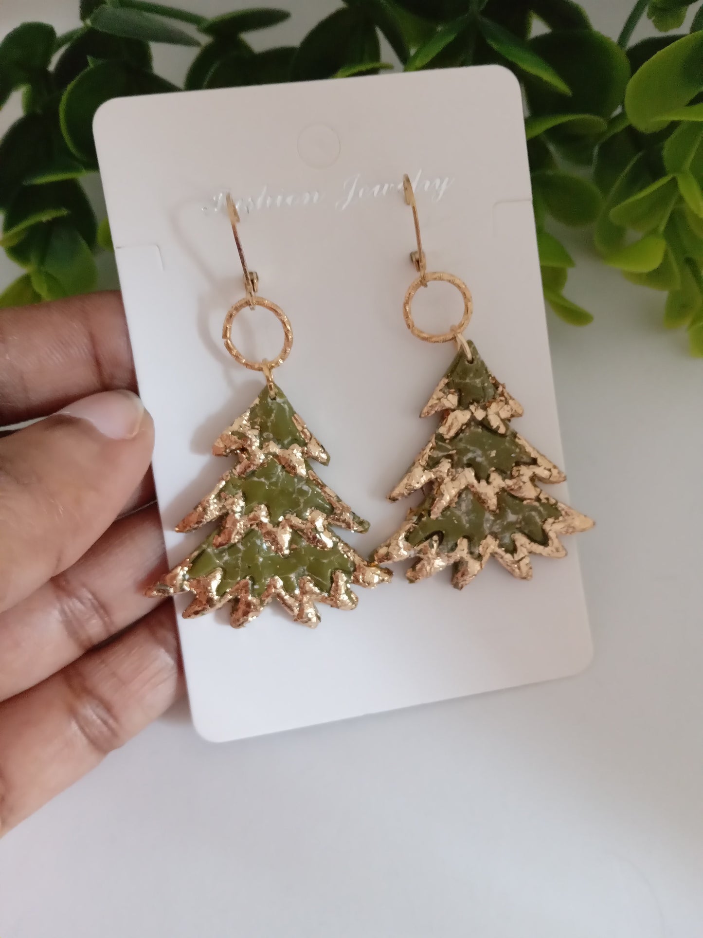 Bold Christmas Tree Earrings with Gold Foil- Handmade Holiday Jewelry for Women