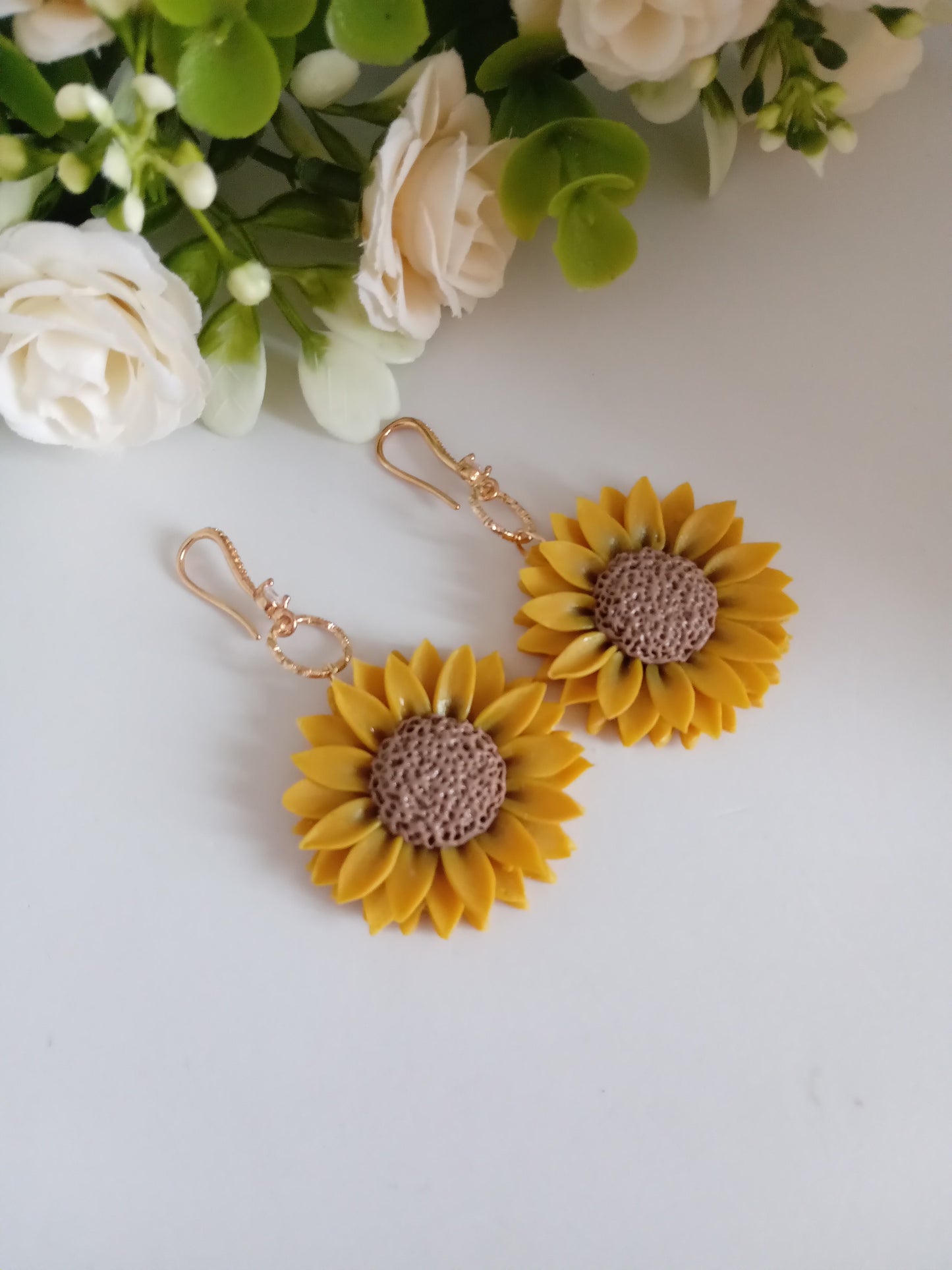 Sunflower Dangle Earrings - Handmade Yellow Clay Flower Jewelry
