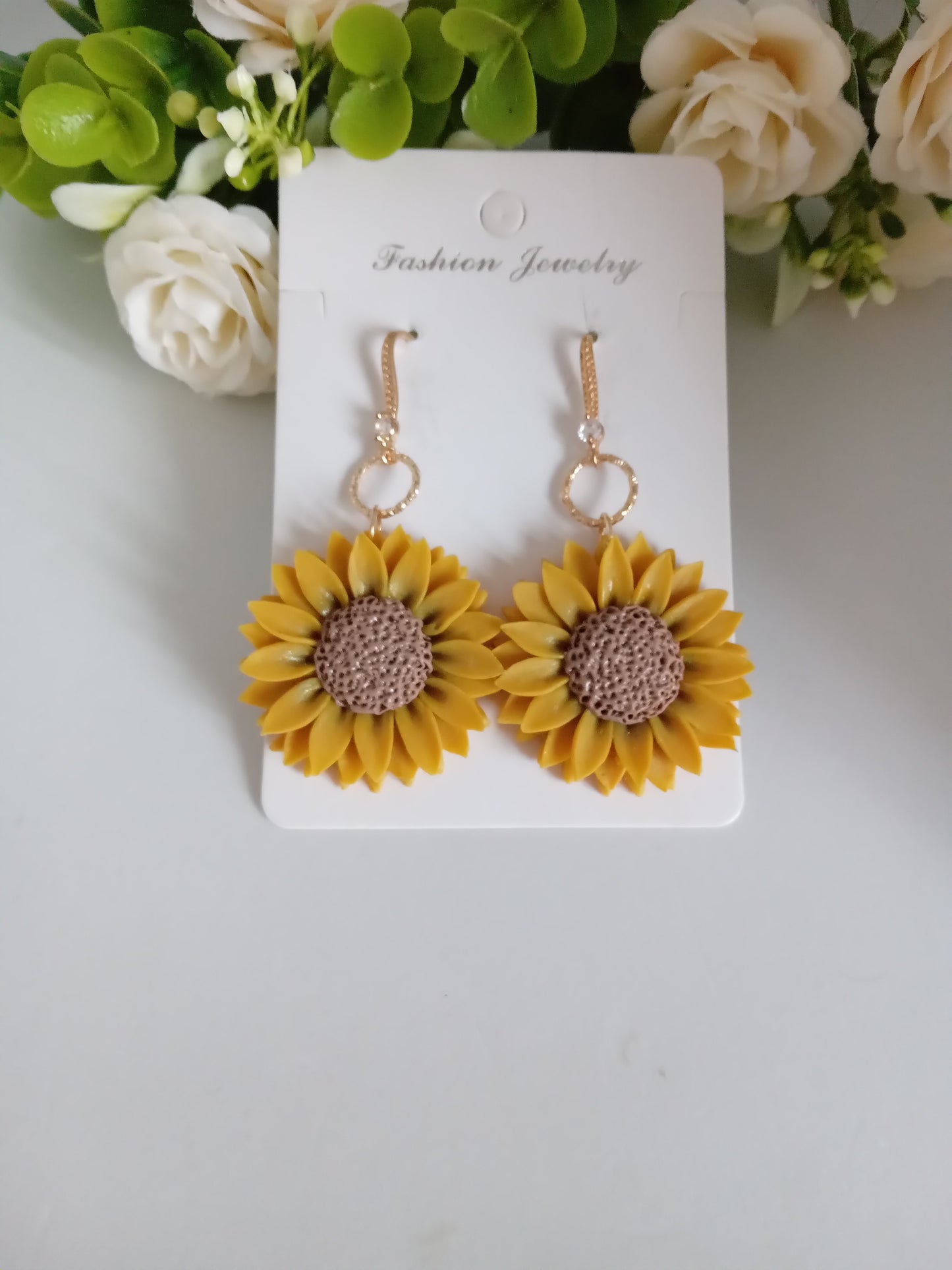 Sunflower Dangle Earrings - Handmade Yellow Clay Flower Jewelry