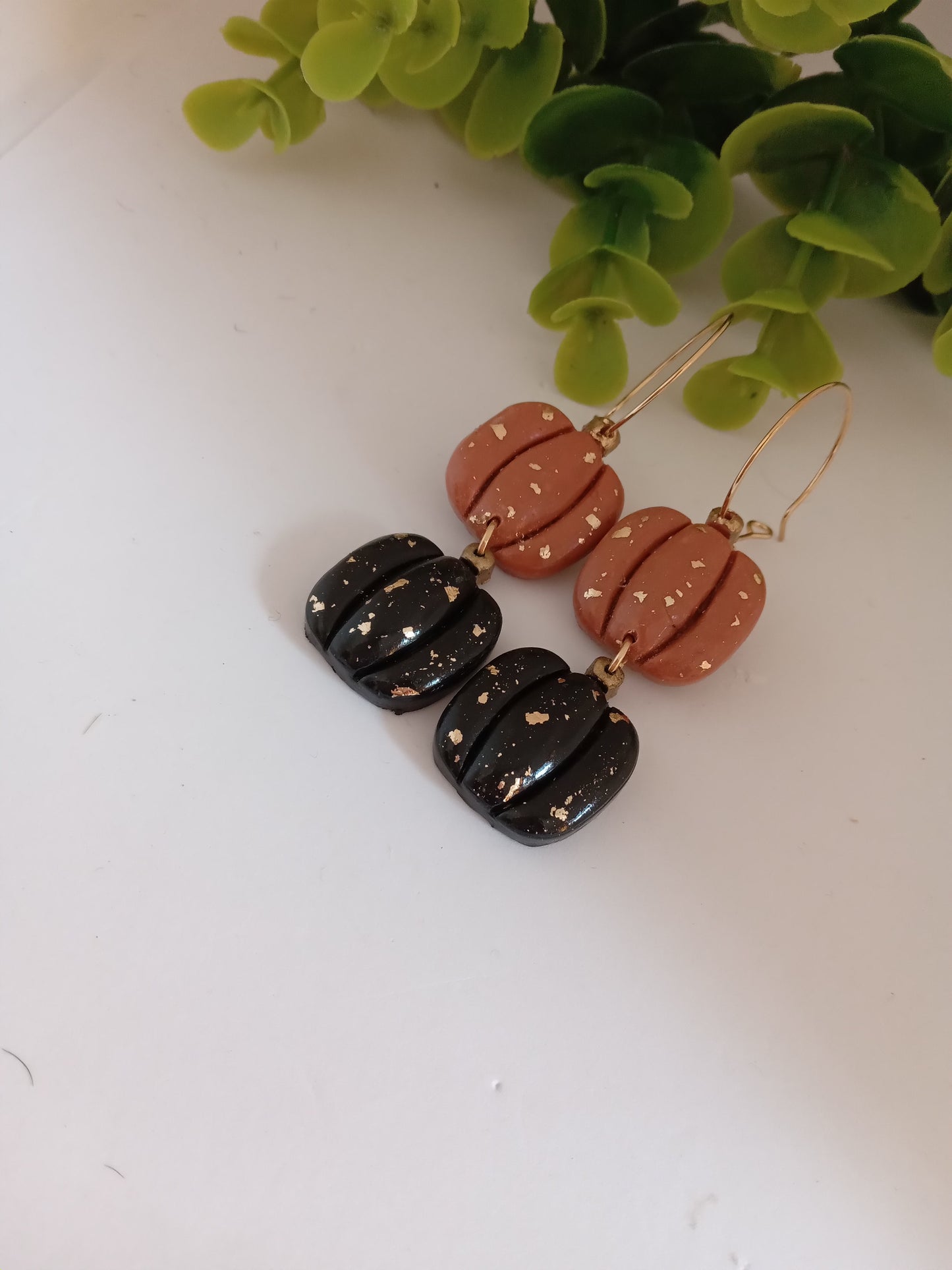Handmade Pumpkin Earrings – Halloween Polymer Clay Dangle Earrings with Gold Foil | Black & Brown Fall Jewelry