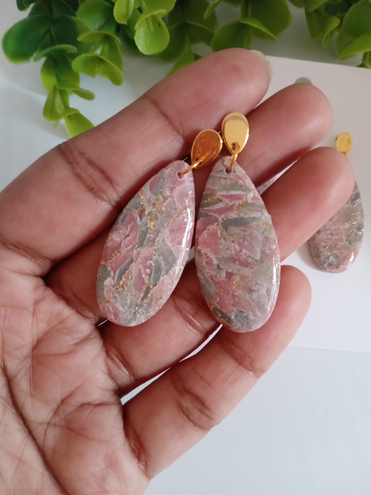 Handmade Faux Agate Teardrop Dangle Earrings – Lightweight Translucent Clay Statement Dangles