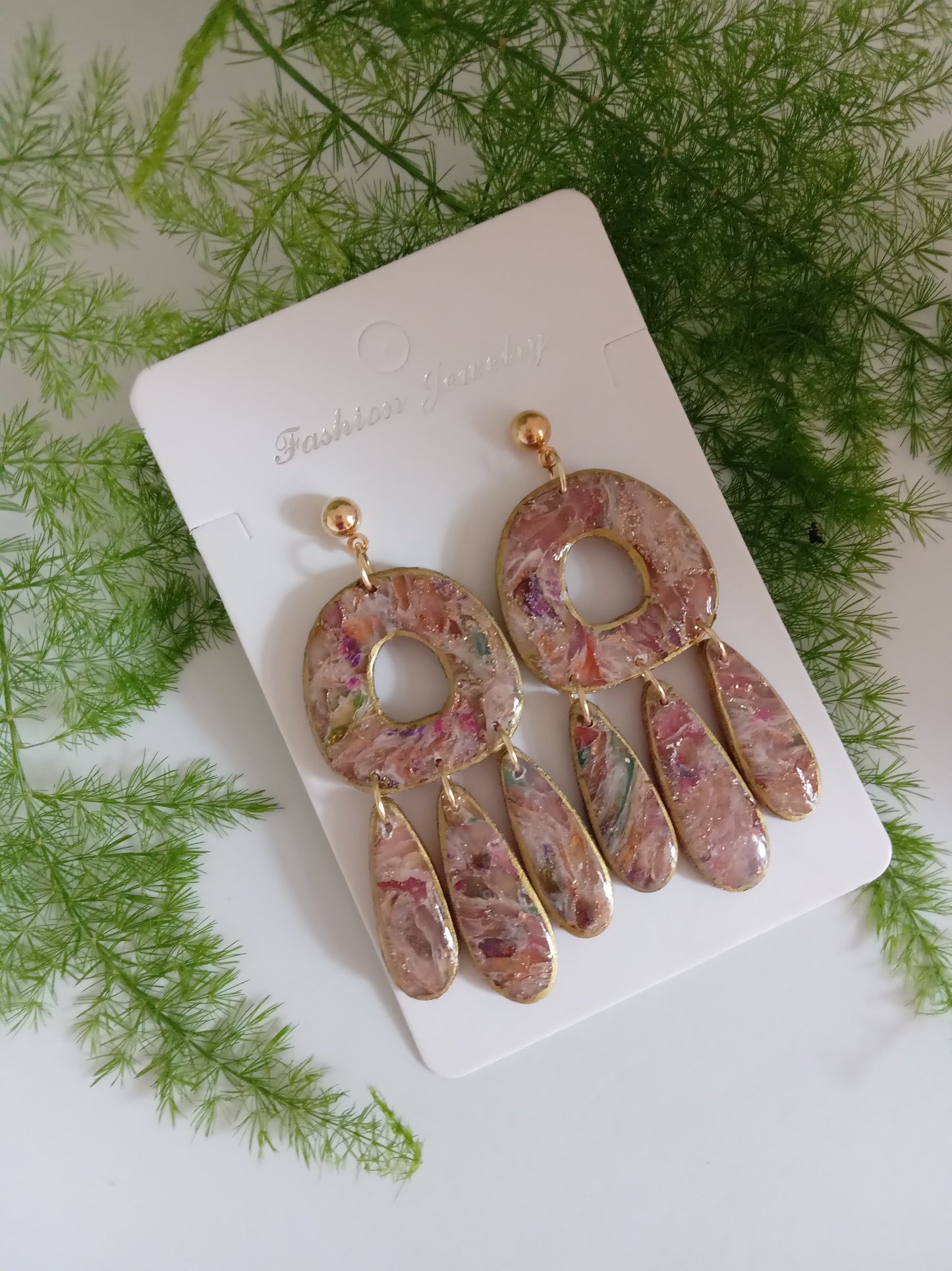 Polymer Clay Statement Earrings - Handmade Boho Drop Jewelry with Gold Accents