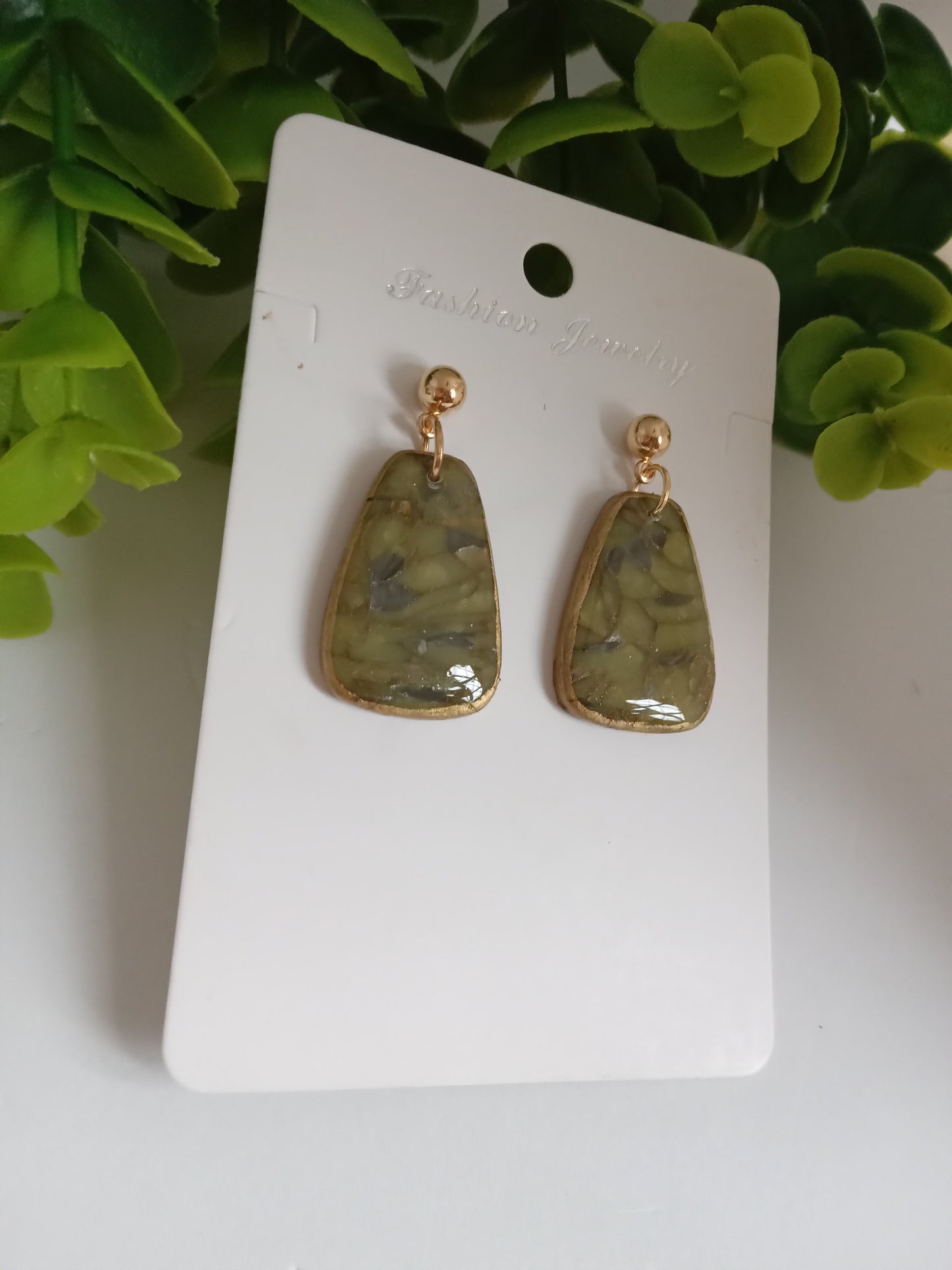 Handmade Green Marble Statement Drop Earrings – Lightweight Geometric Jewelry for Women, Elegant Everyday or Party Wear