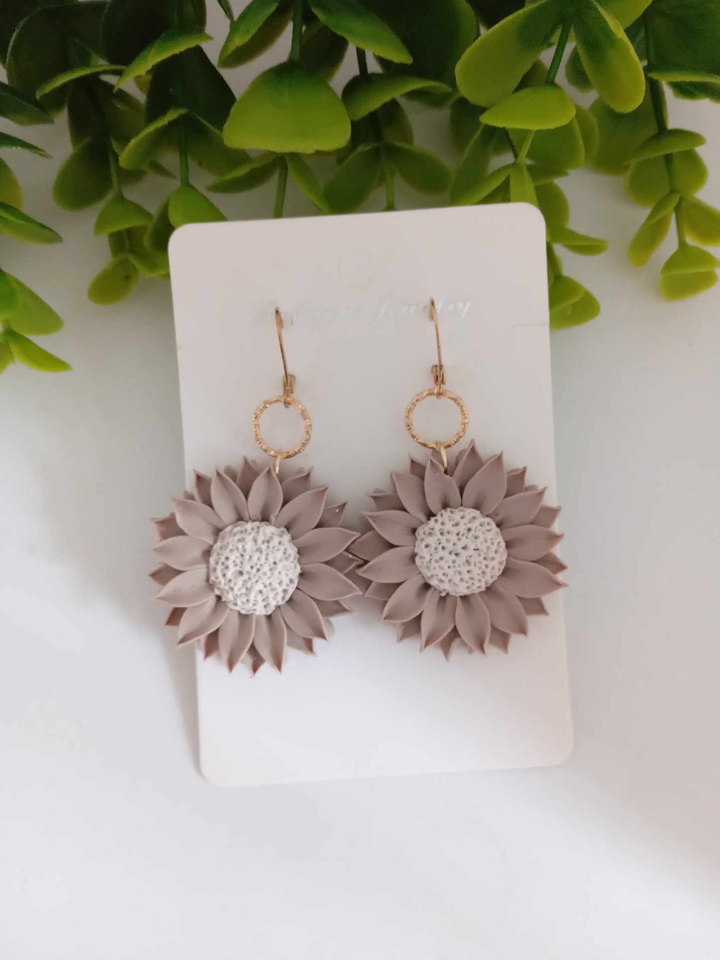 Polymer Clay Sunflower Earrings- Handmade Beige Flower Dangles for Women