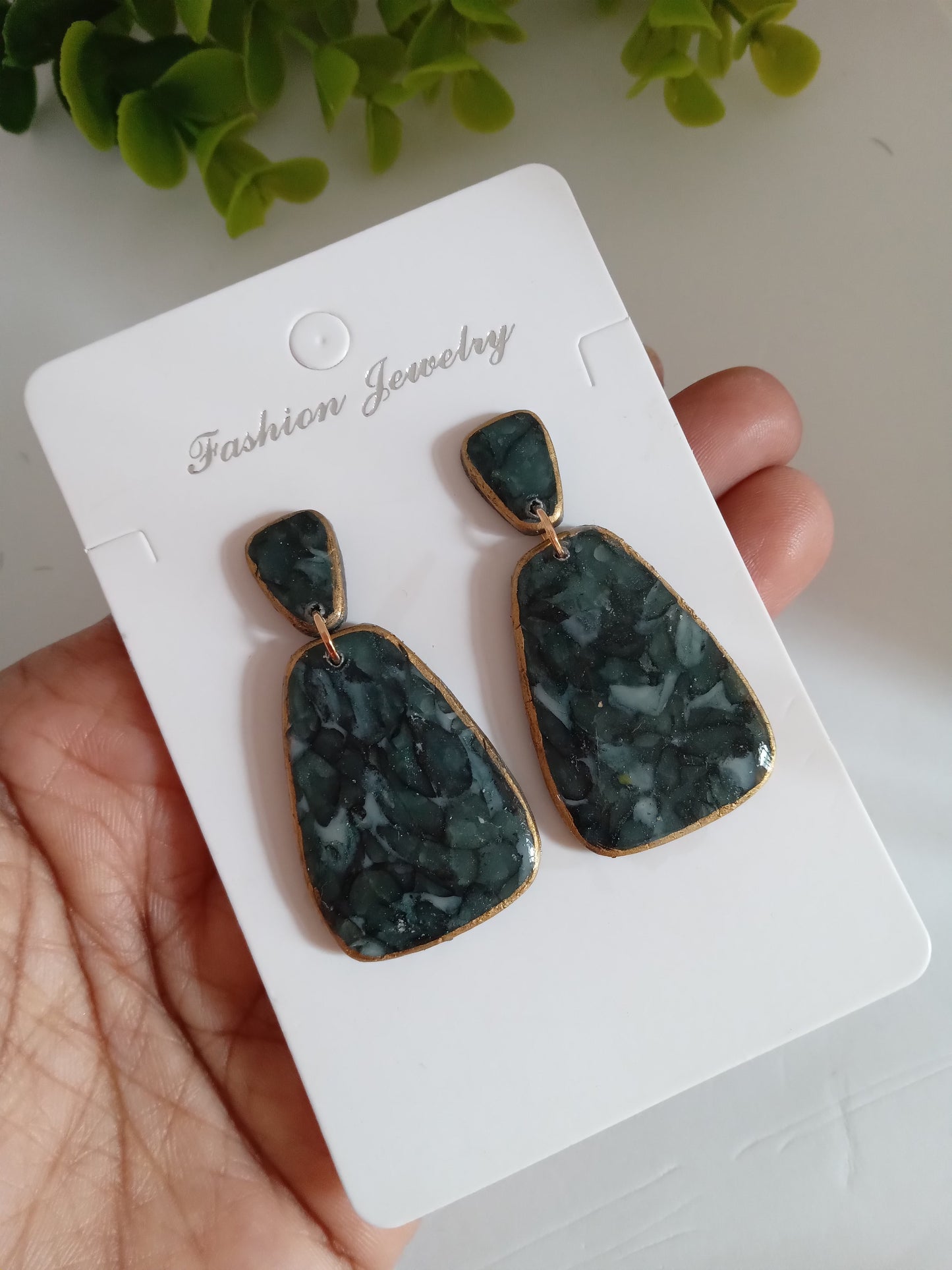 Handmade Dark Green Stone Diamond Drops Earrings - Lightweight Statement Earrings