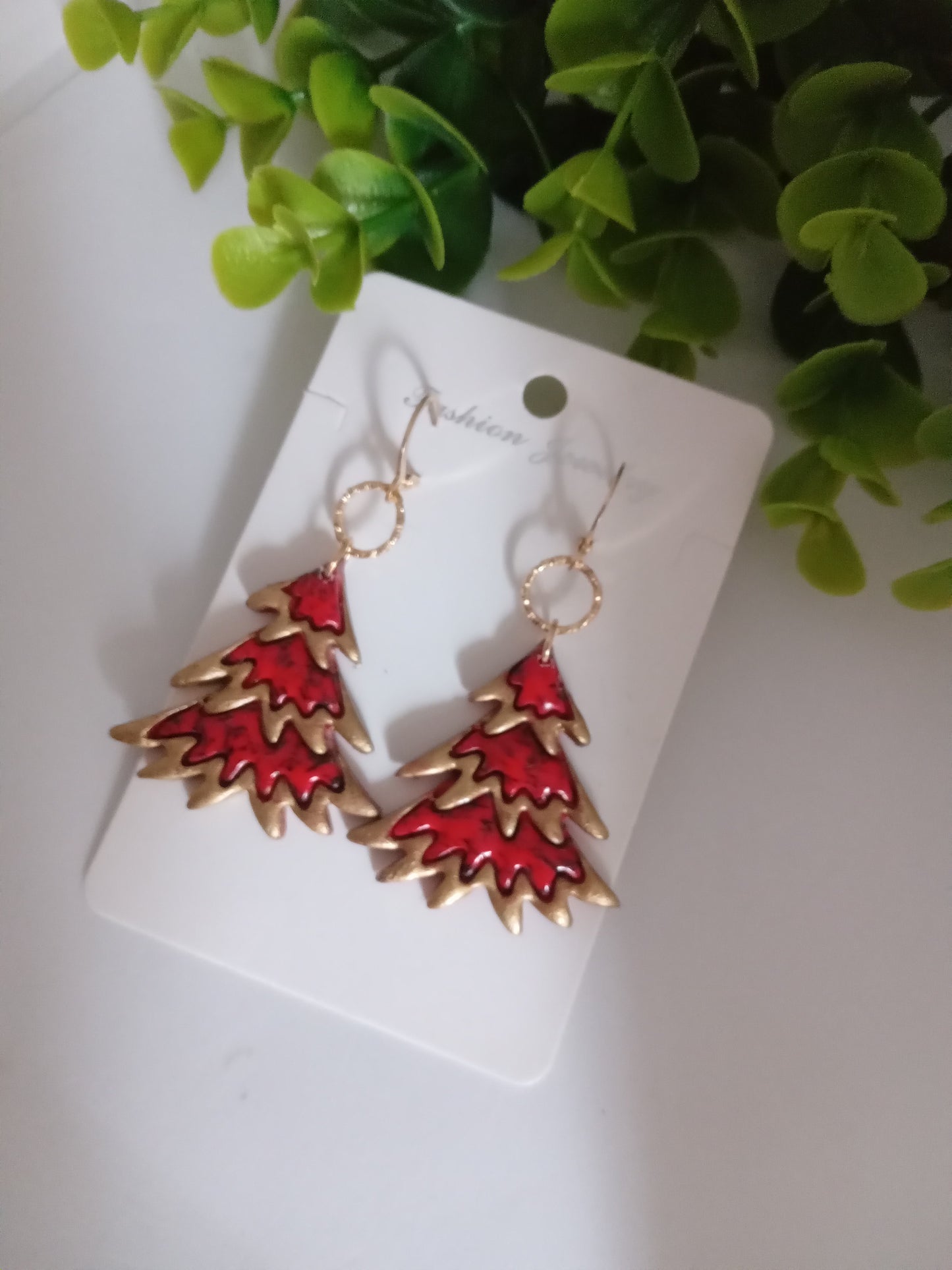 Bold Christmas Tree Earrings with Gold Foil- Handmade Holiday Jewelry for Women