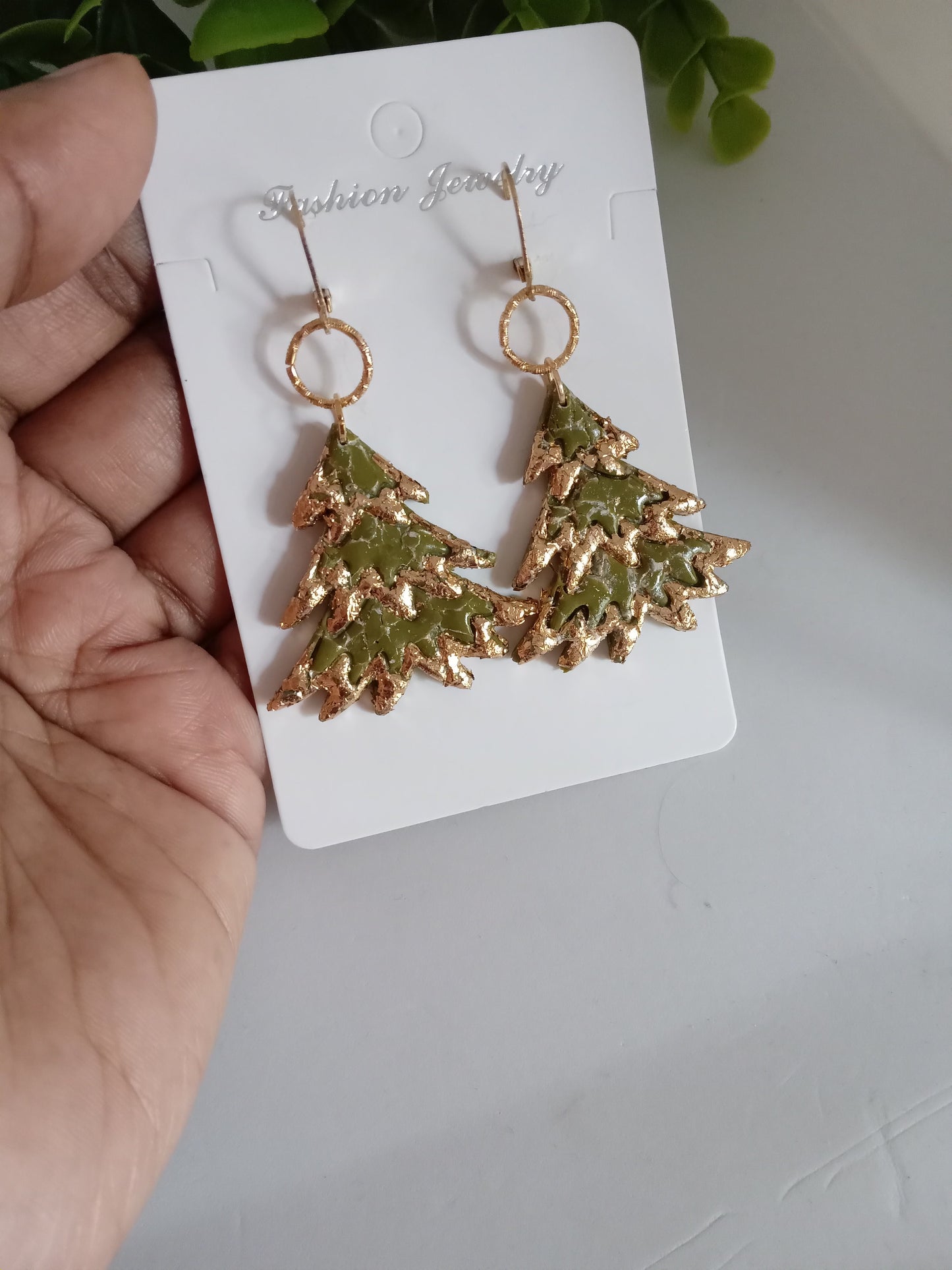 Bold Christmas Tree Earrings with Gold Foil- Handmade Holiday Jewelry for Women