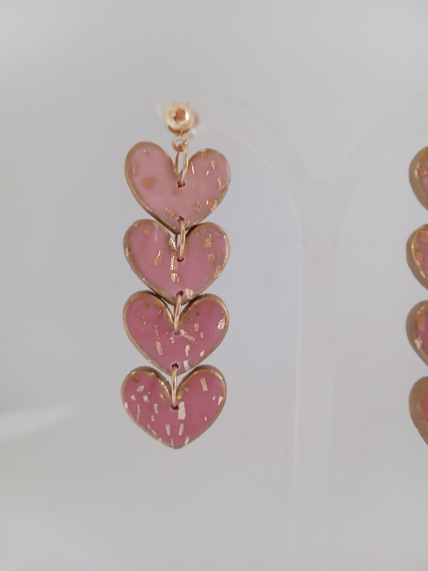 Handmade Pink Heart Drop Earrings with Gold Leaf- Romantic Statement Jewelry for Women