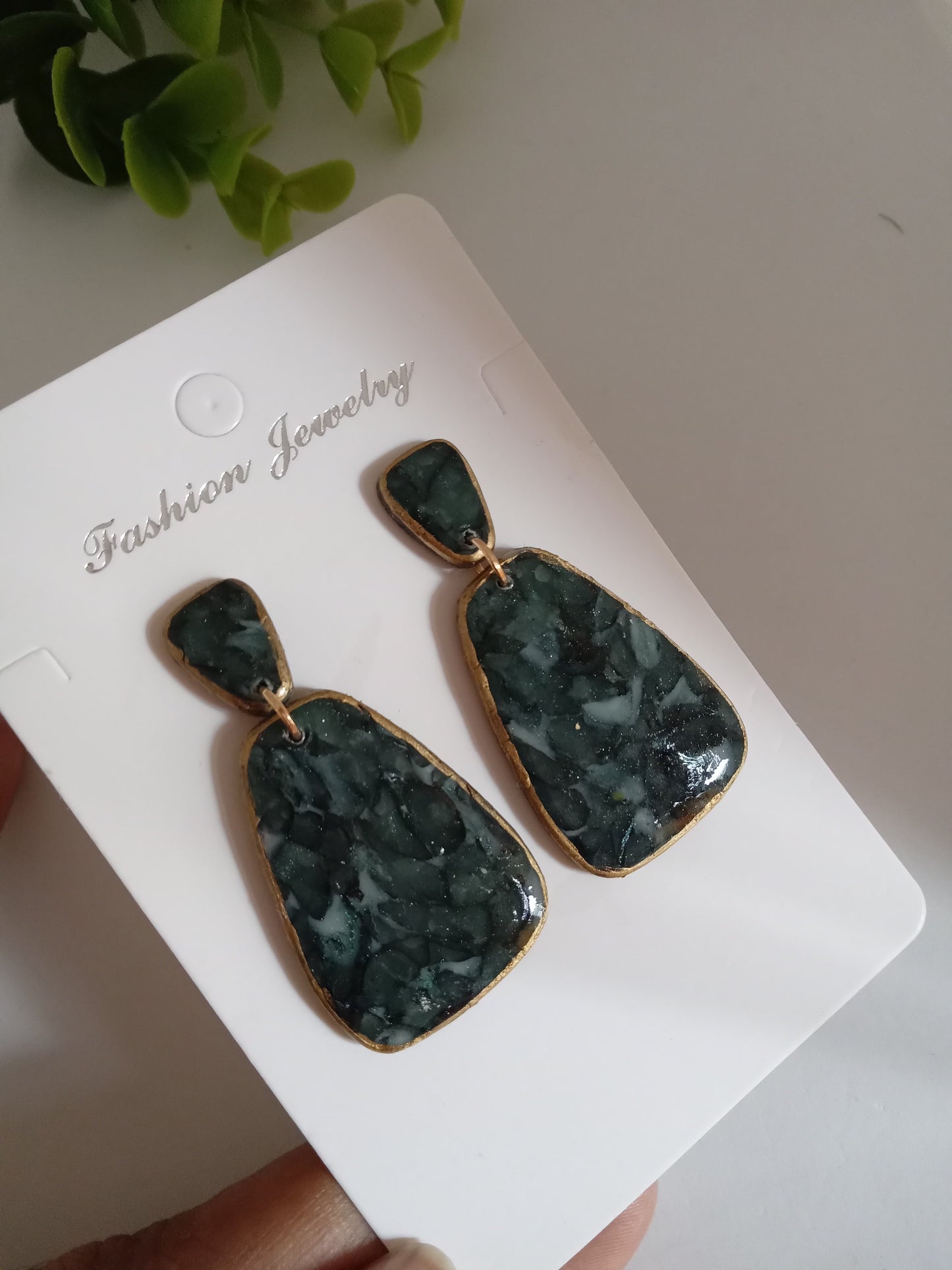 Handmade Dark Green Stone Diamond Drops Earrings - Lightweight Statement Earrings
