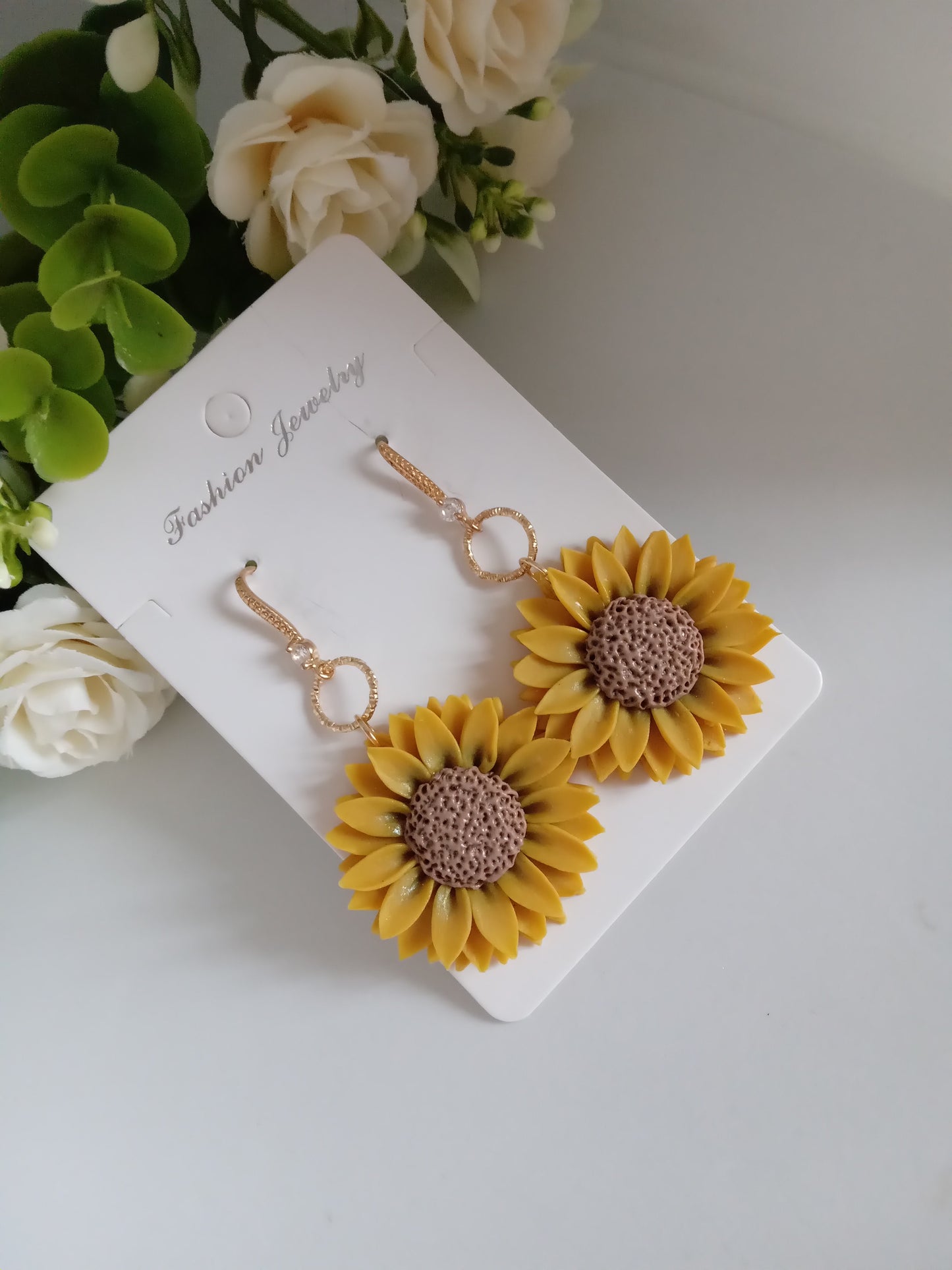 Sunflower Dangle Earrings - Handmade Yellow Clay Flower Jewelry