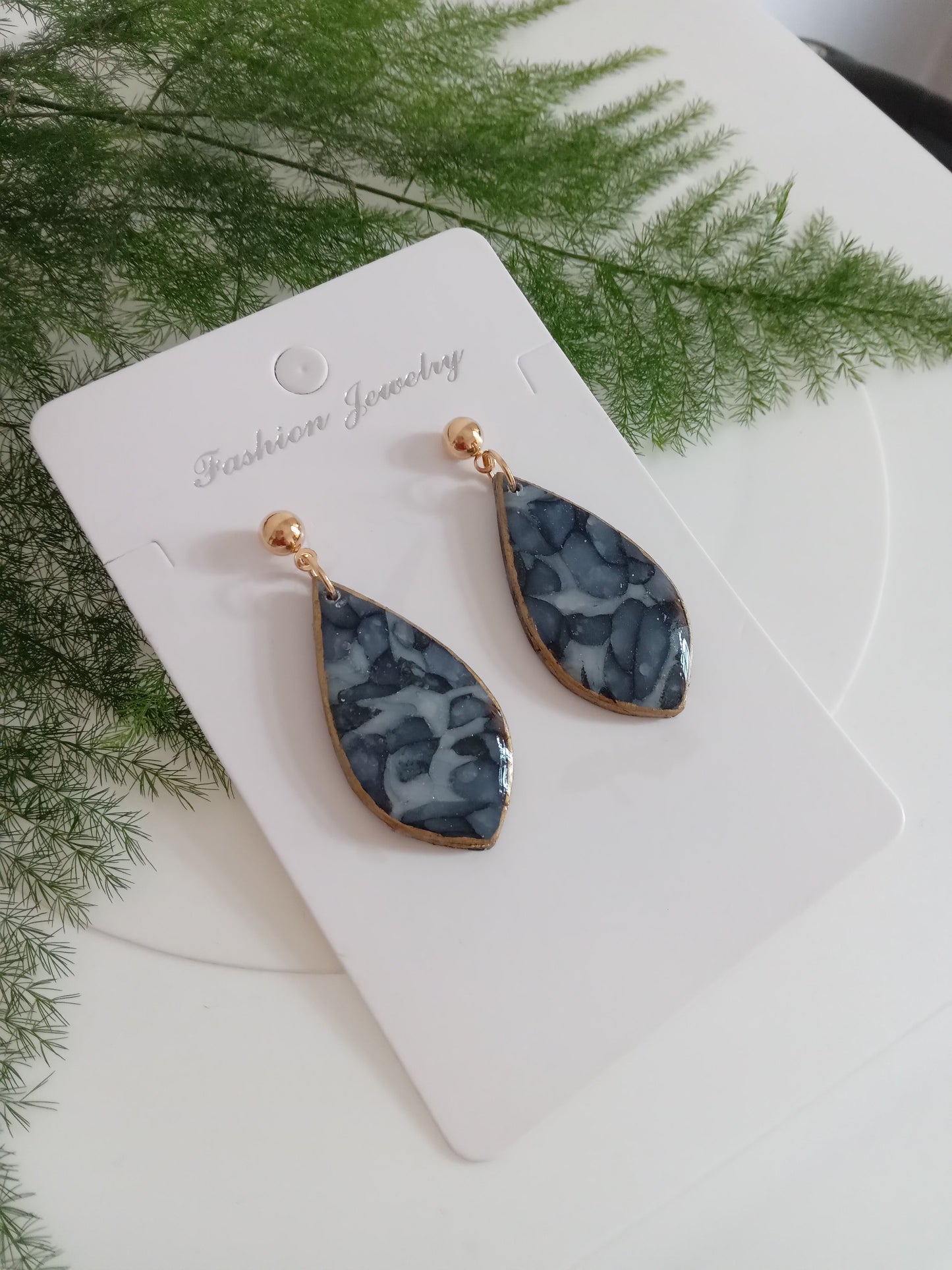 Handmade Blue Marble Resin Drop Earrings - Lightweight &Elegant