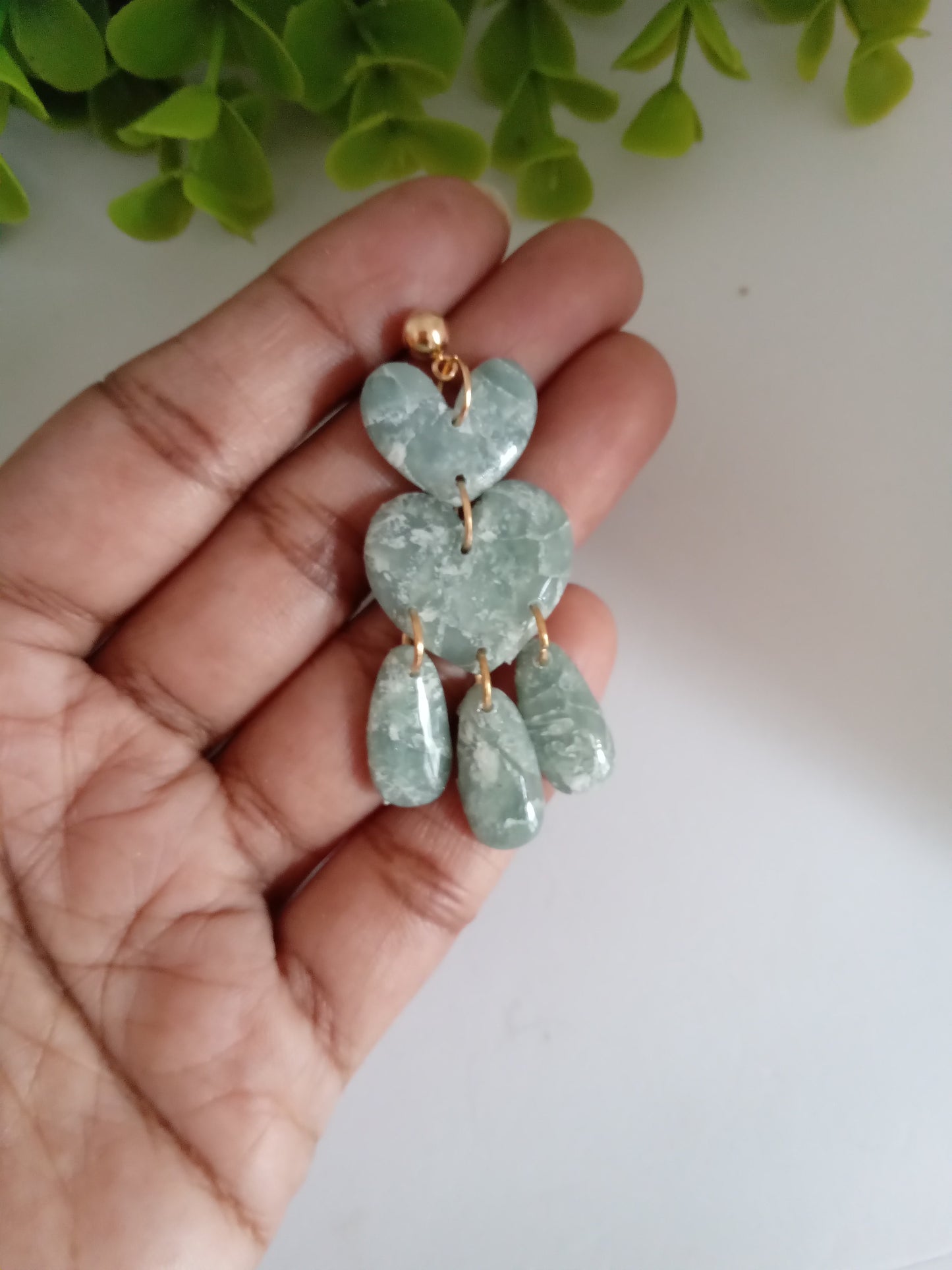 Green Marble Heart Dangle Earrings - Lightweight Clay Statement Jewelry