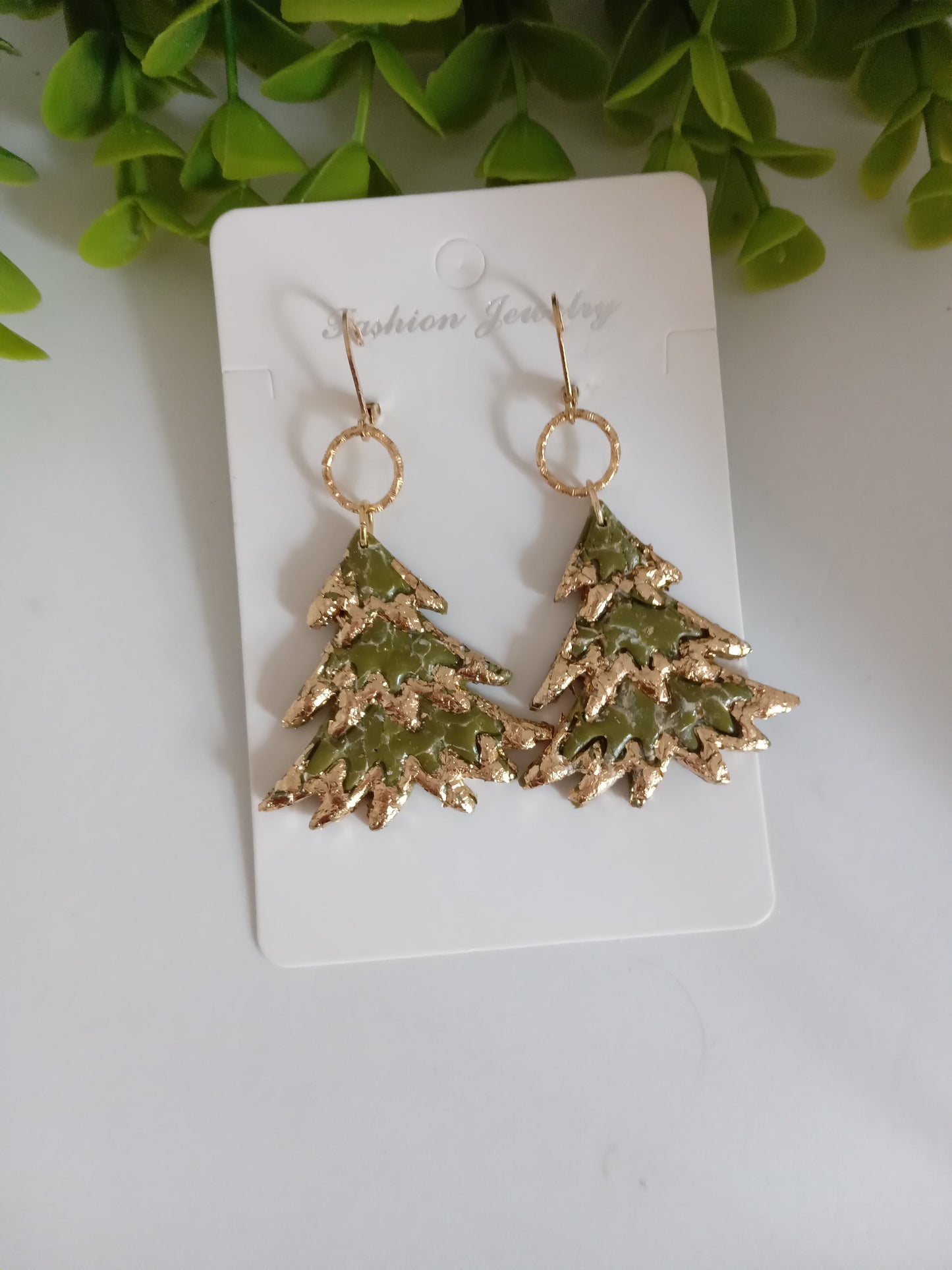 Bold Christmas Tree Earrings with Gold Foil- Handmade Holiday Jewelry for Women