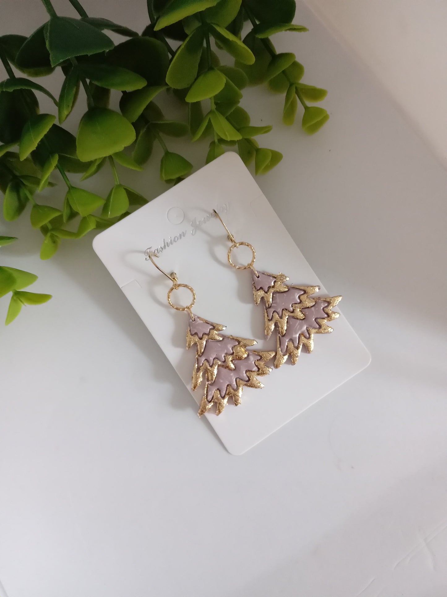 Bold Christmas Tree Polymer Clay Earrings with Gold Foil - Handmade Holiday Jewelry for Women