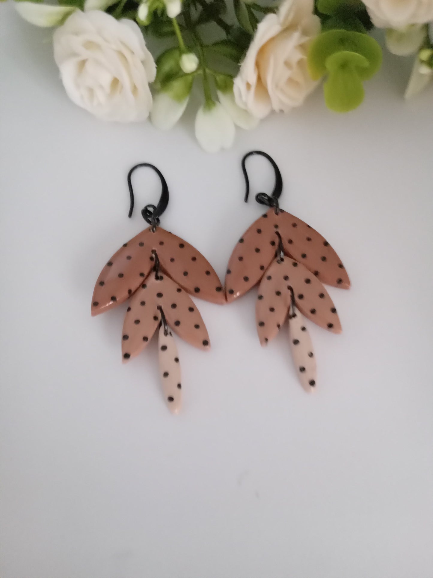 Polka Dot Leaf Dangle Earrings - Handmade Polymer Clay Jewelry