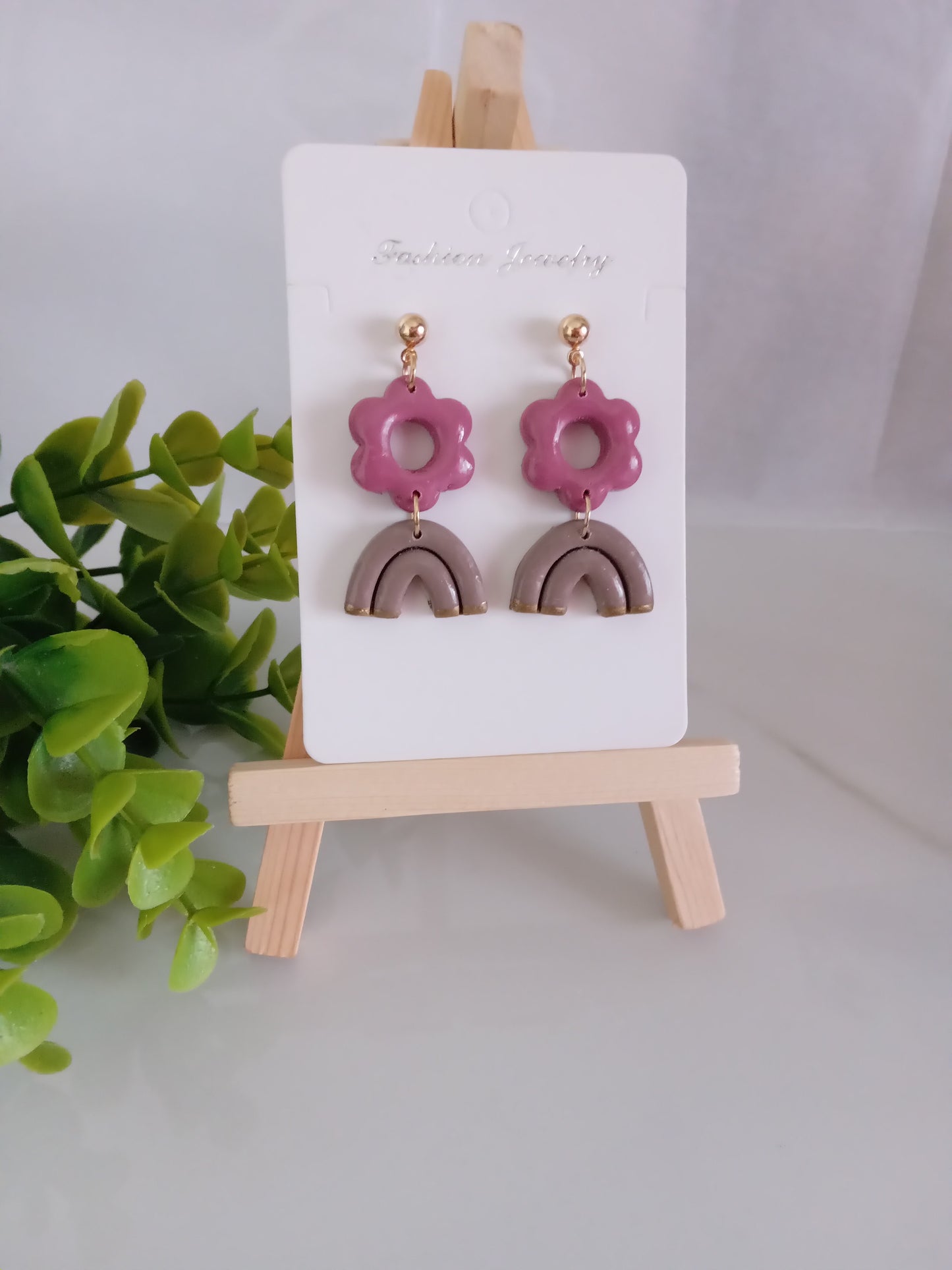 Handmade Floral Dangle Earrings – Unique Polymer Clay Flower Earrings, Brown & P