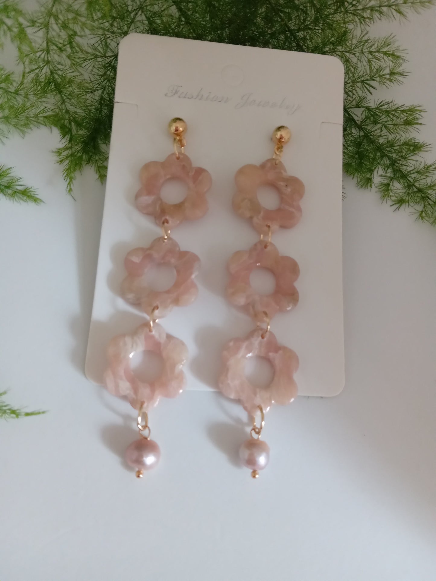 Handmade Pink Flower Earrings with Fresh Water Pearl - Lightweight Floral Dangle Jewelry for Women