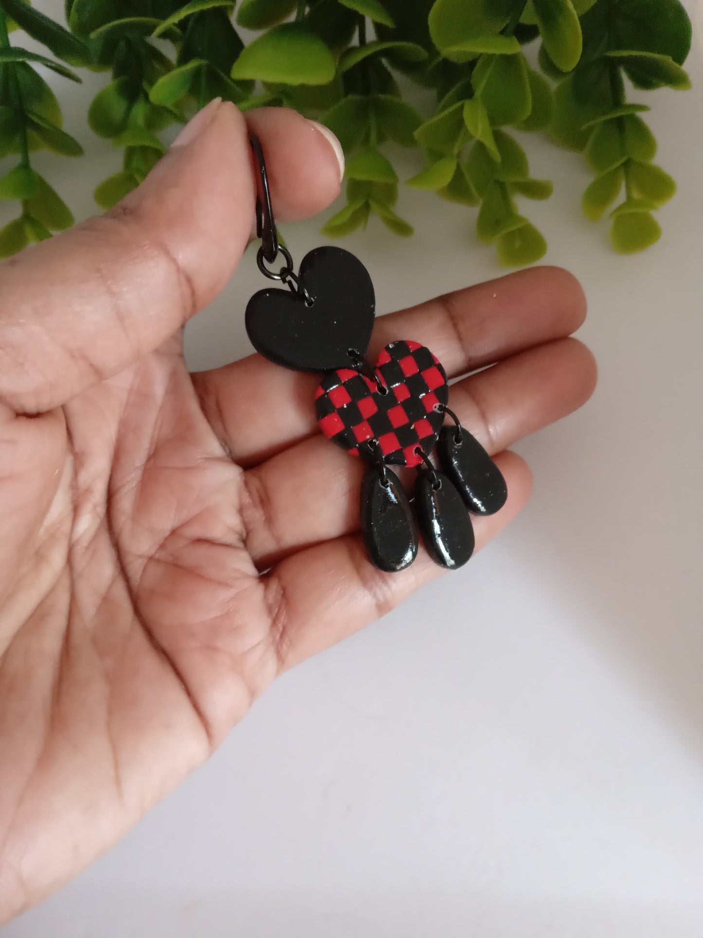Polymer Clay Earrings Handmade - Bold Red Black Heart Statement Dangles for Her