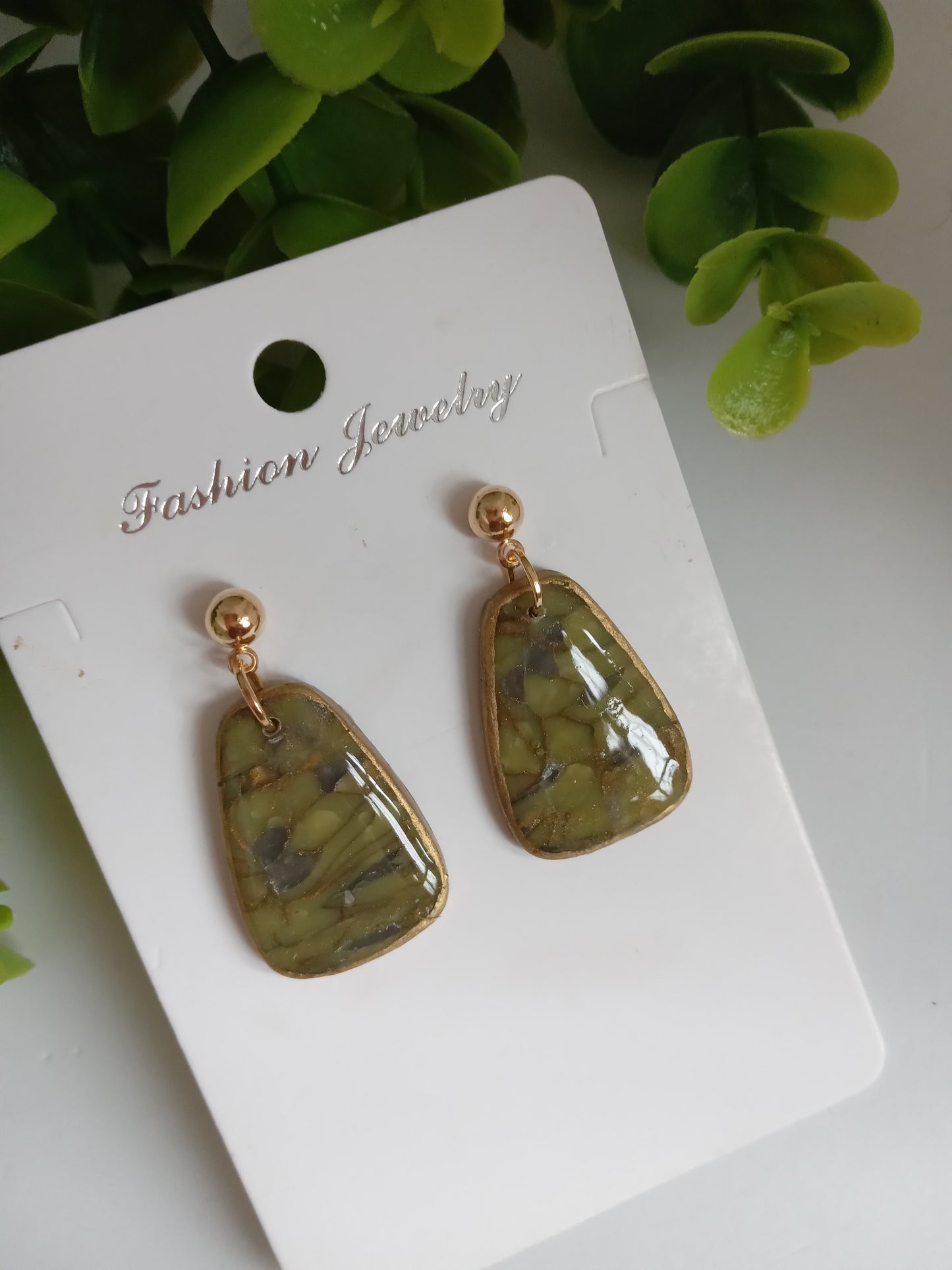 Handmade Green Marble Statement Drop Earrings – Lightweight Geometric Jewelry for Women, Elegant Everyday or Party Wear
