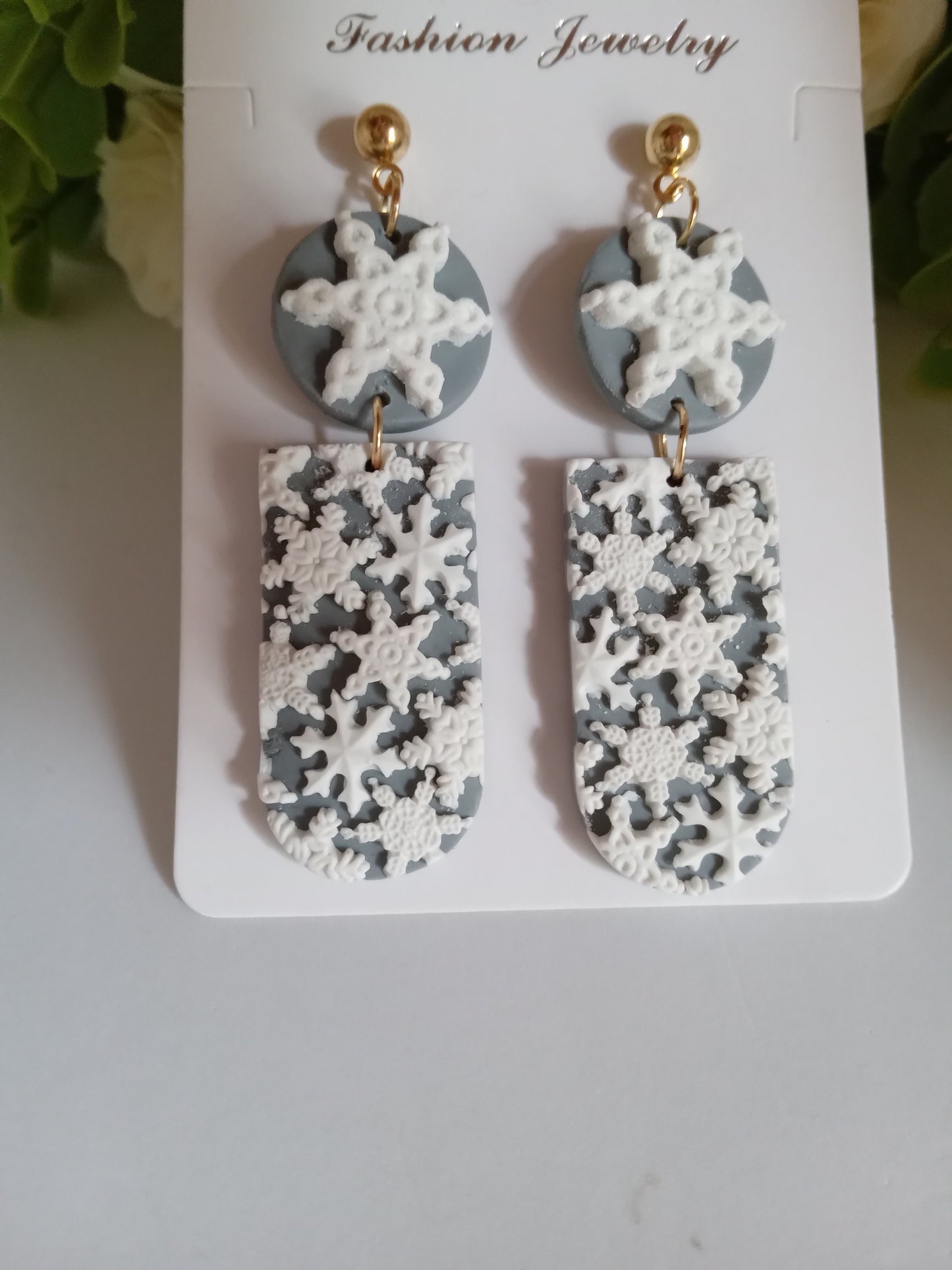 Snowflake Earrings- Winter Polymer Clay Drop Earrings/Handmade Holiday Jewelry
