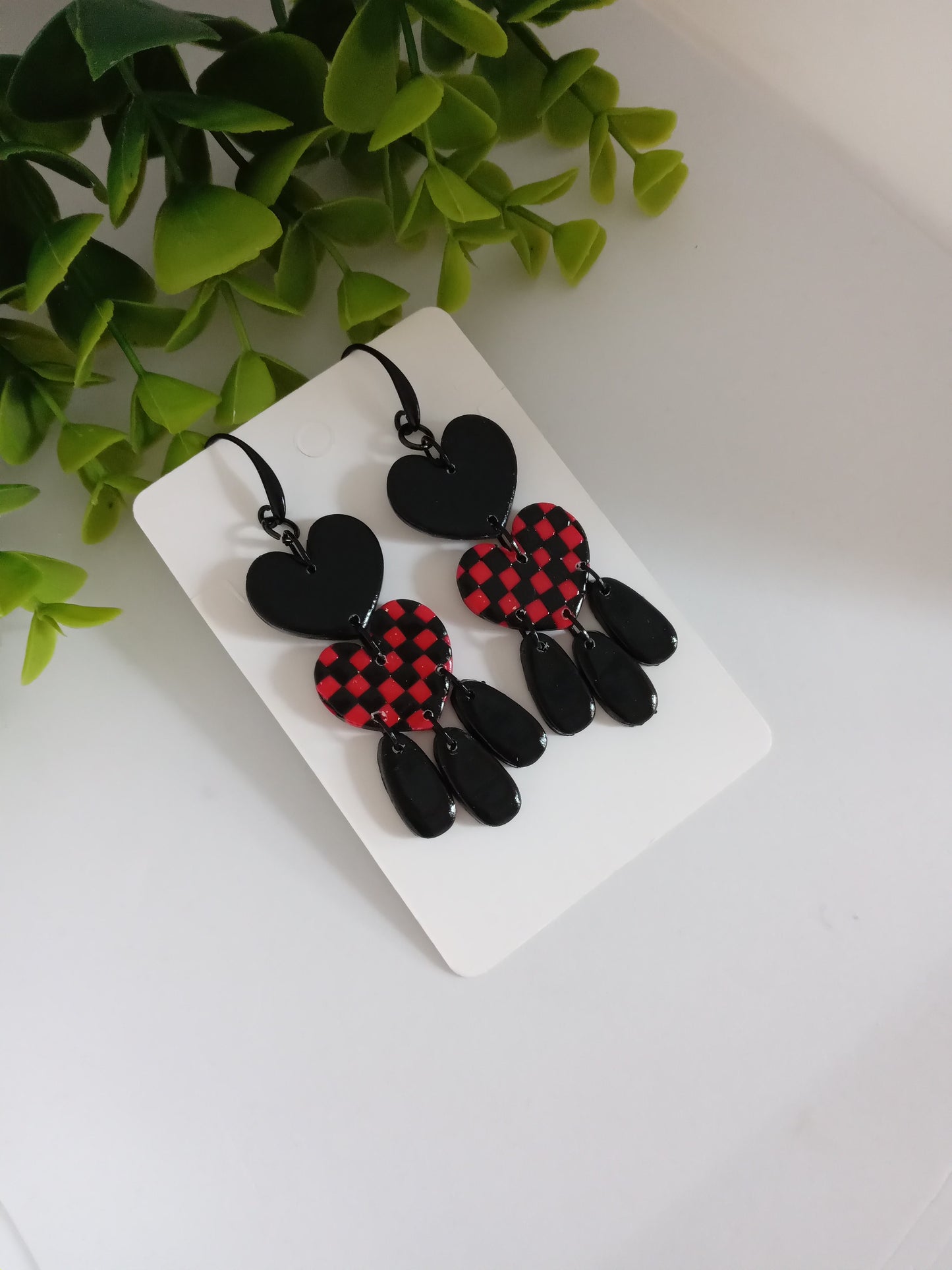 Polymer Clay Earrings Handmade - Bold Red Black Heart Statement Dangles for Her