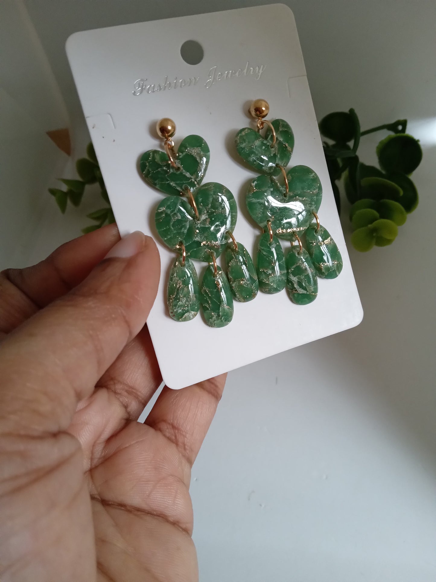 Green Marble Statement Dangle Earrings – Handmade Lightweight Drop Earrings for Women, Elegant Boho Jewelry Gift