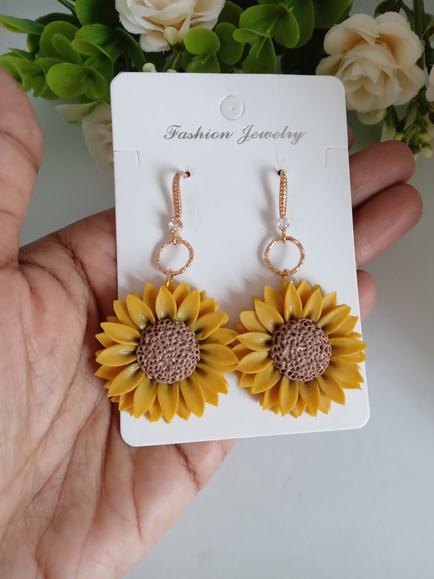 Sunflower Dangle Earrings - Handmade Yellow Clay Flower Jewelry