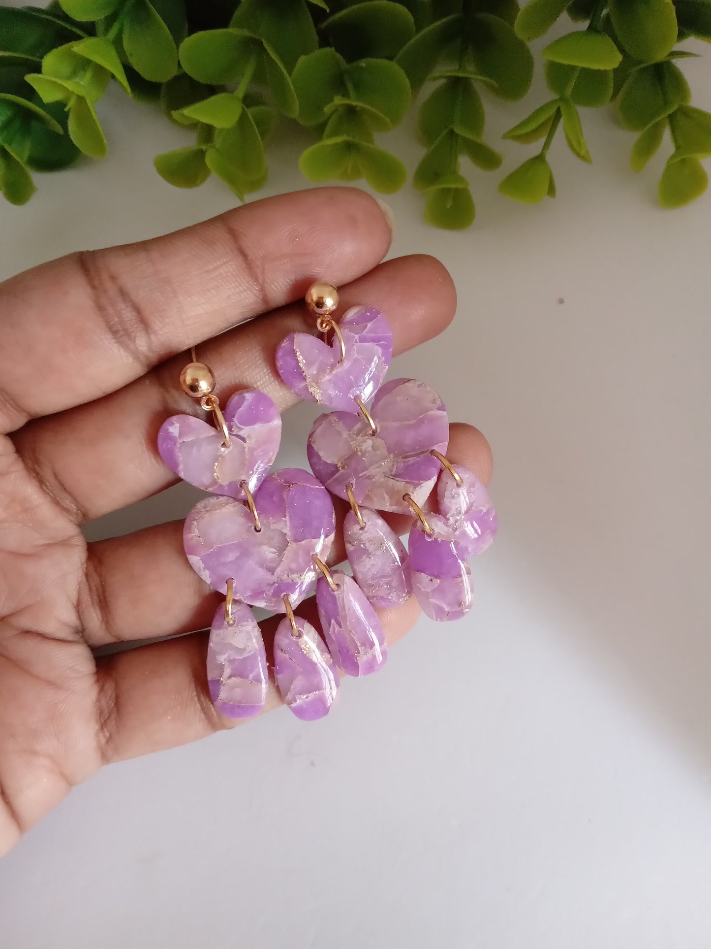 Purple Marble Heart Dangle Earrings - Lightweight Clay Statement Jewelry