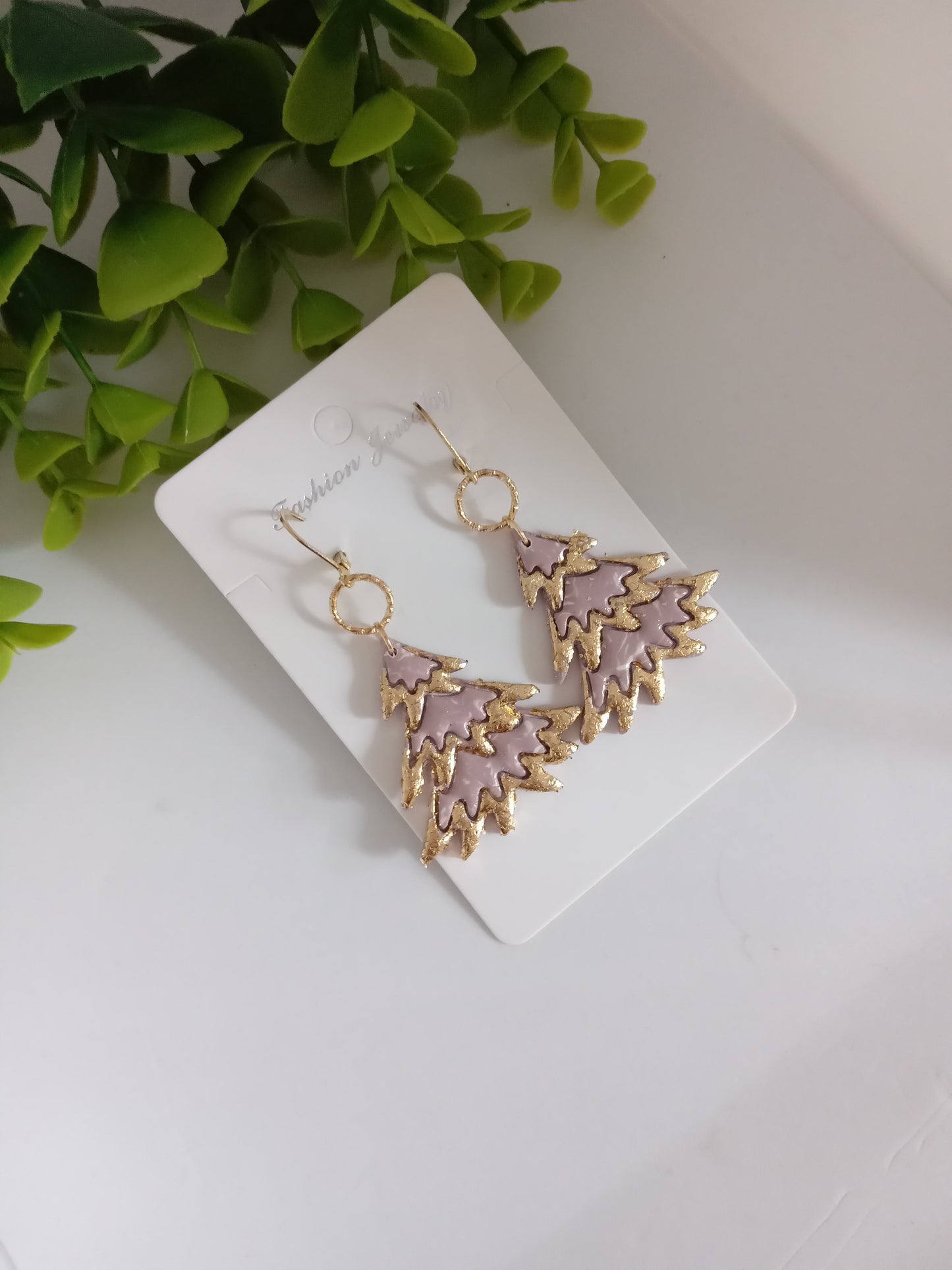 Bold Christmas Tree Polymer Clay Earrings with Gold Foil - Handmade Holiday Jewelry for Women