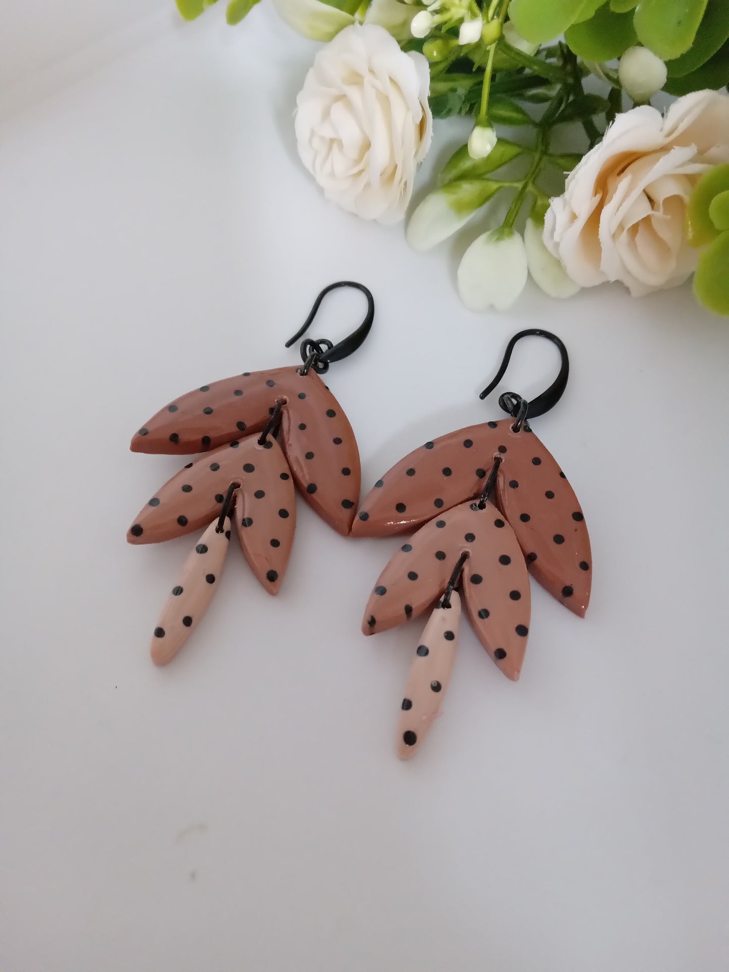 Polka Dot Leaf Dangle Earrings - Handmade Polymer Clay Jewelry