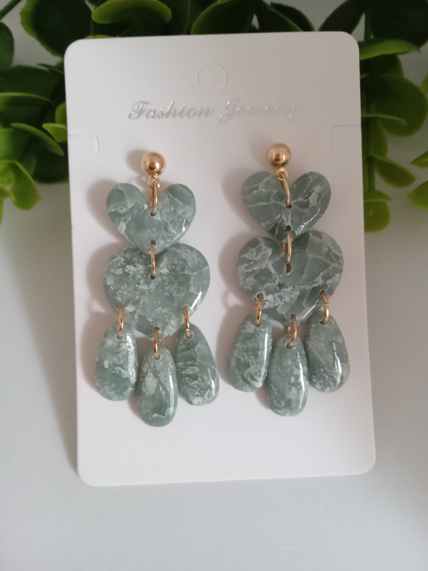 Green Marble Heart Dangle Earrings - Lightweight Clay Statement Jewelry