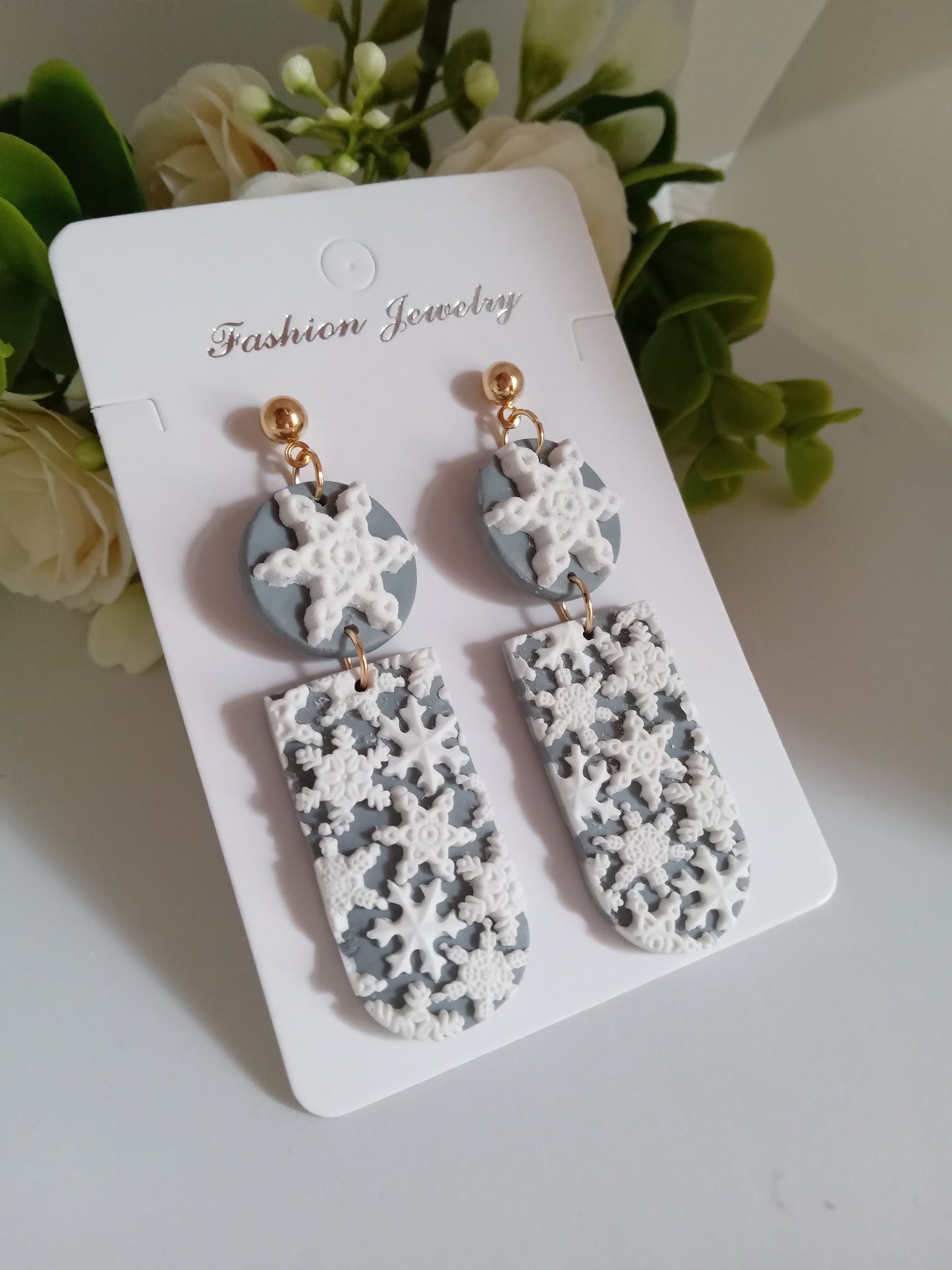 Snowflake Earrings- Winter Polymer Clay Drop Earrings/Handmade Holiday Jewelry