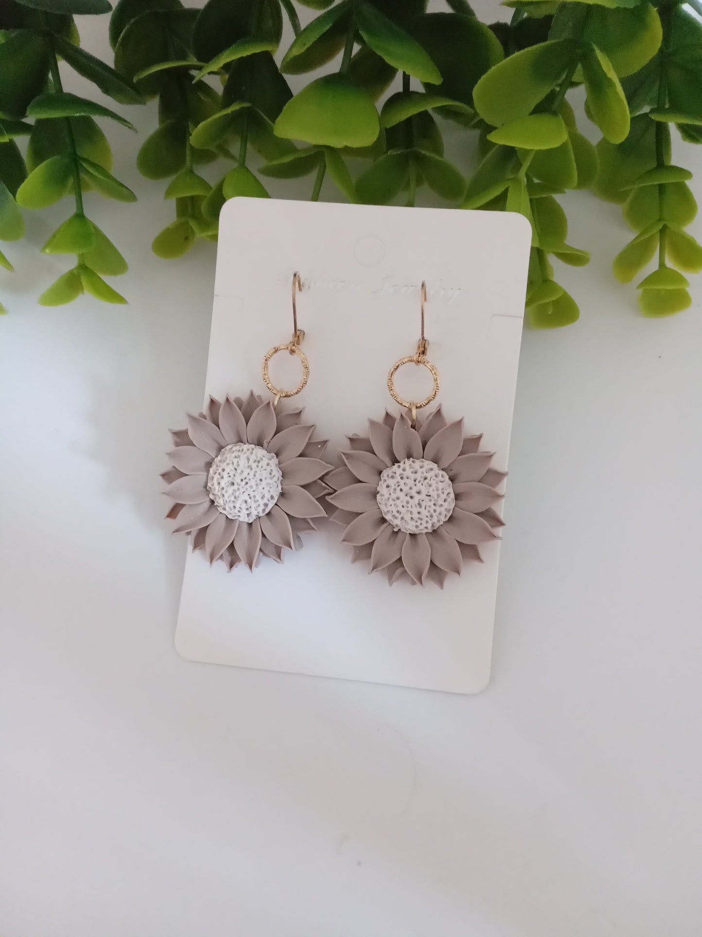 Polymer Clay Sunflower Earrings- Handmade Beige Flower Dangles for Women