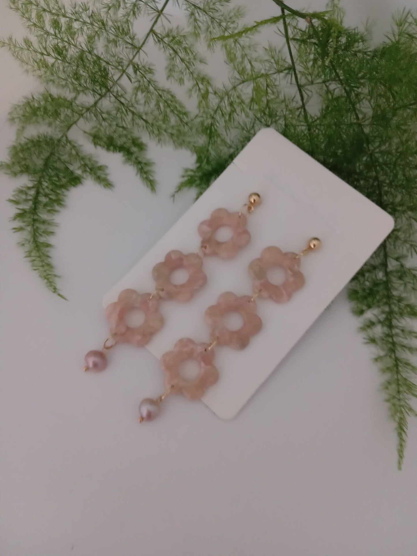 Handmade Pink Flower Earrings with Fresh Water Pearl - Lightweight Floral Dangle Jewelry for Women