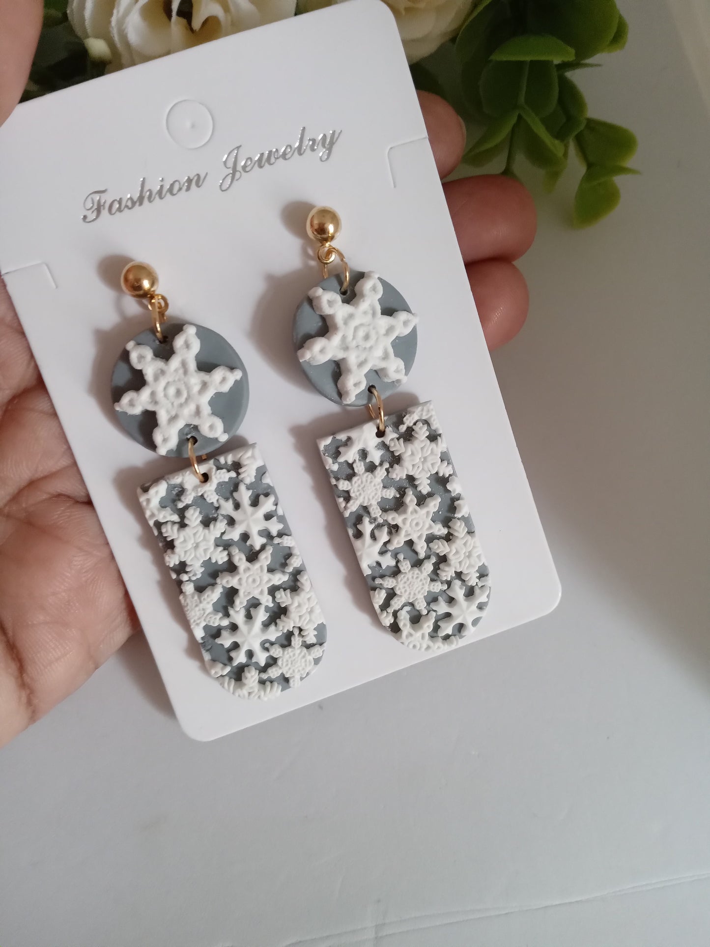 Snowflake Earrings- Winter Polymer Clay Drop Earrings/Handmade Holiday Jewelry