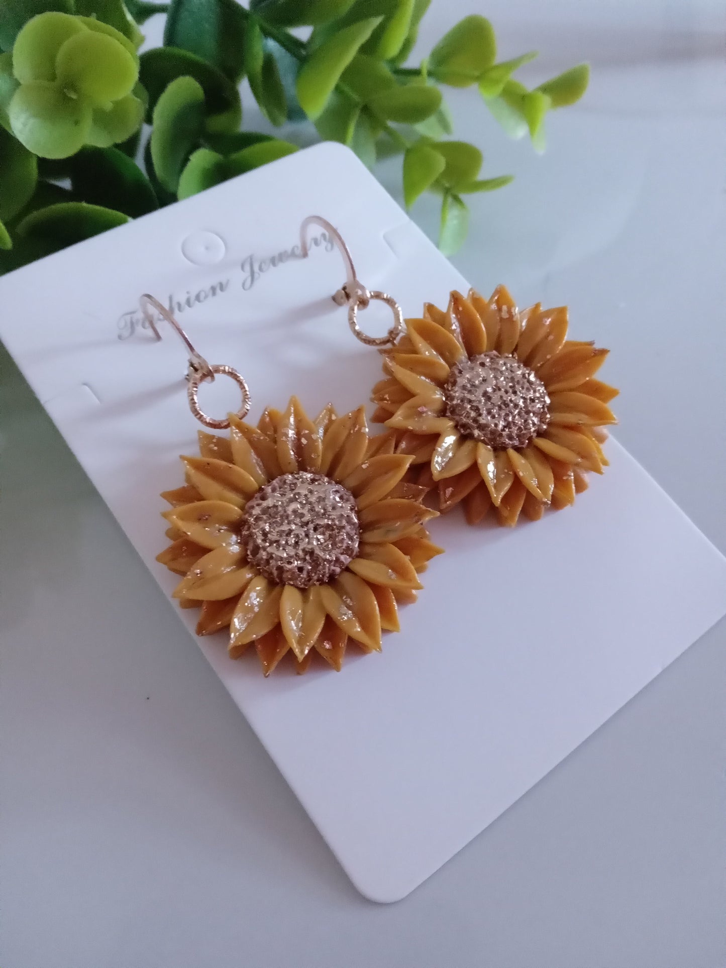 Handmade Sunflower Polymer Clay Earrings – Yellow & Gold Foil Floral Dangle Earrings, Lightweight Statement Jewelry for Women