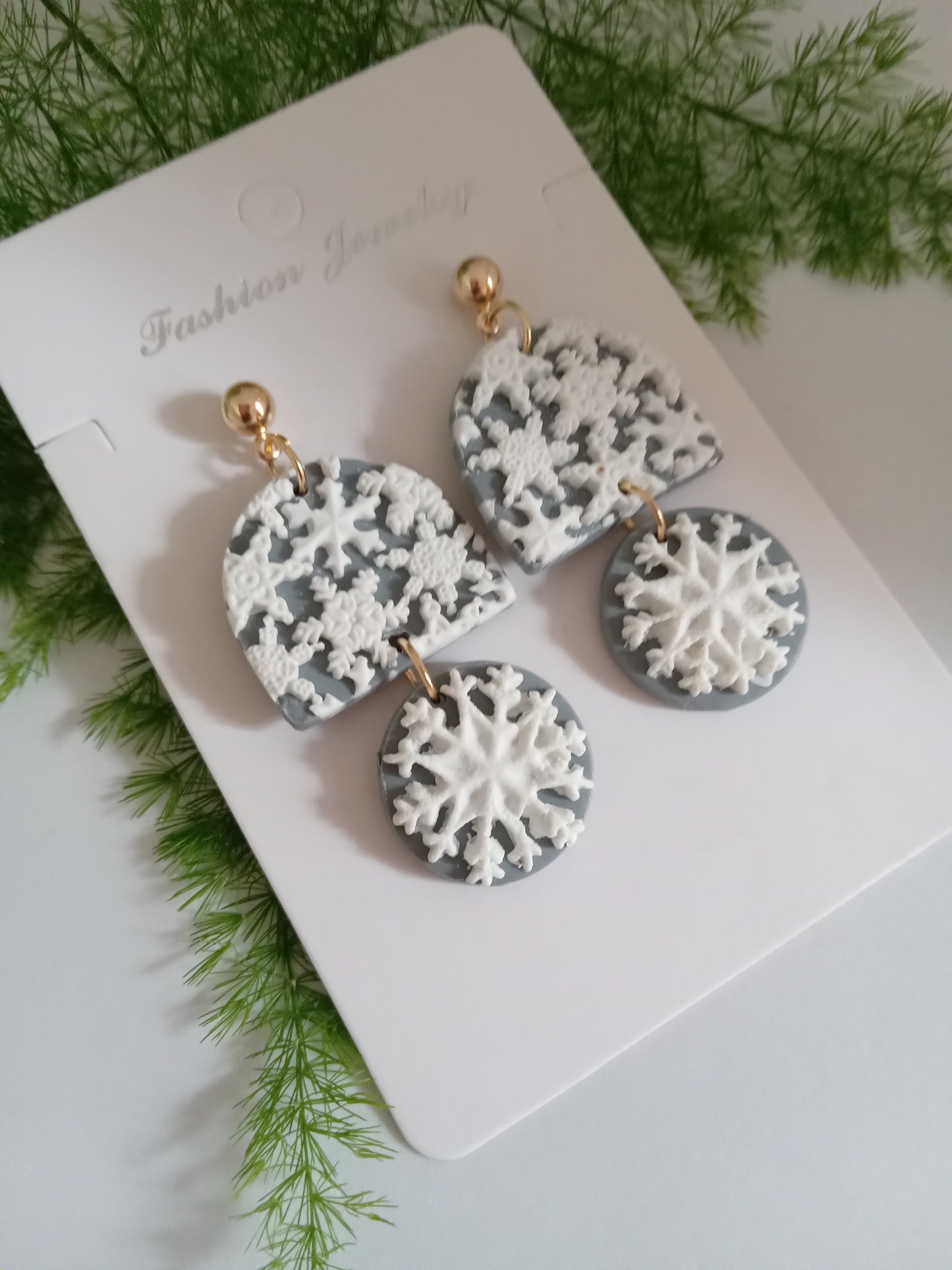 Snowflake Earrings - Winter Polymer Clay Drop Earrings/Handmade Holiday Jewelry