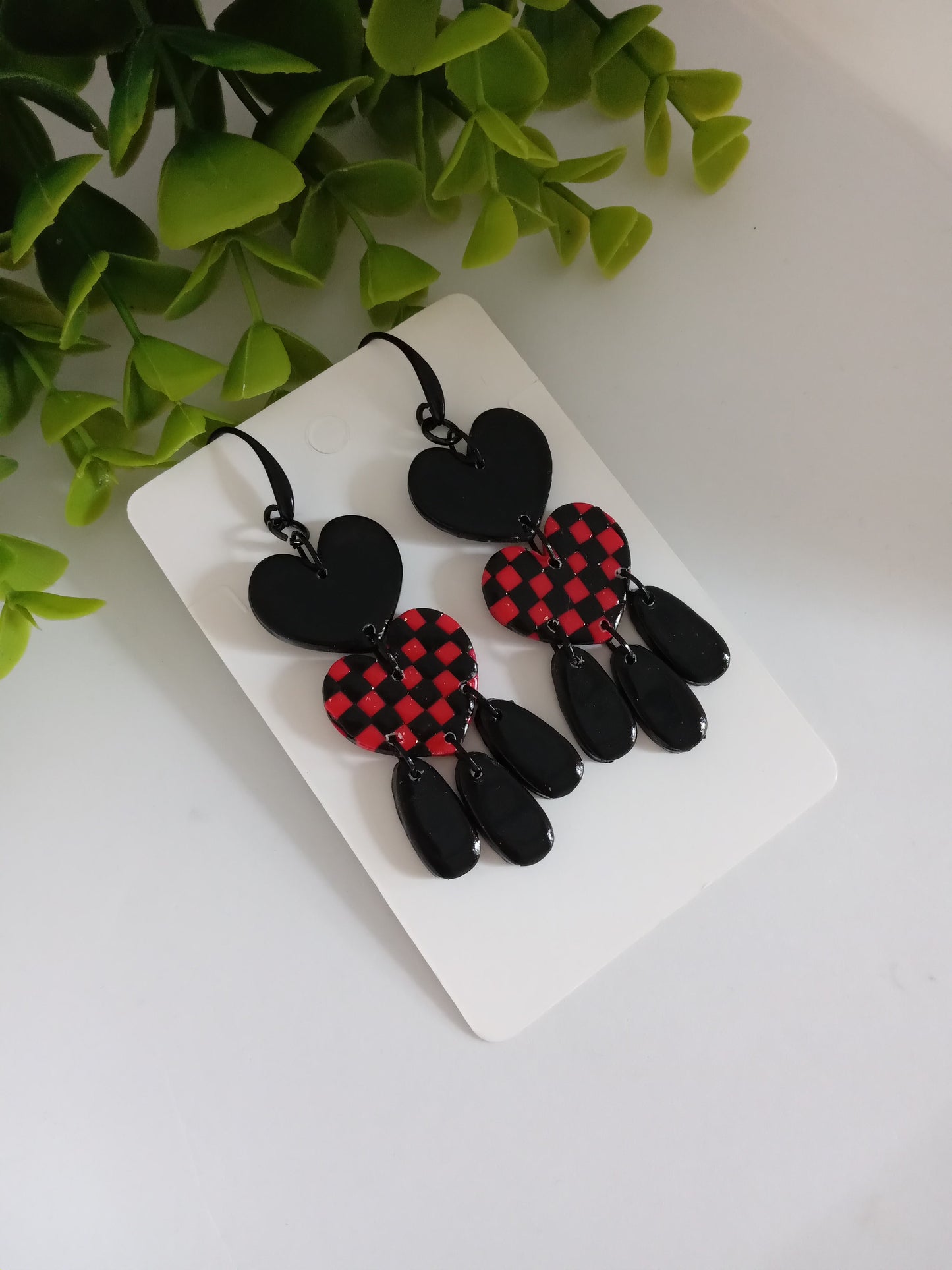 Polymer Clay Earrings Handmade - Bold Red Black Heart Statement Dangles for Her
