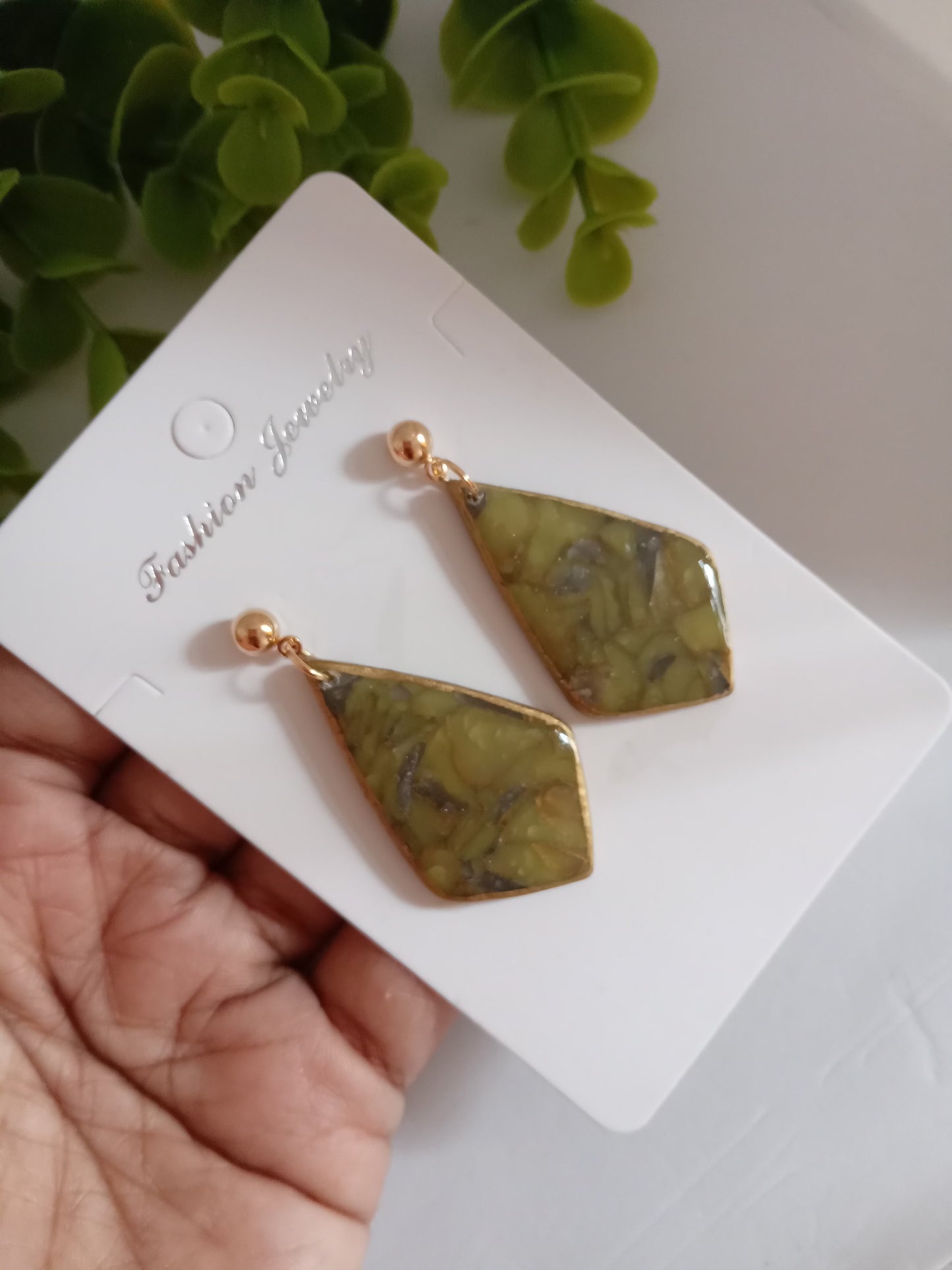 Handmade Green Marble Statement Drop Earrings – Lightweight Geometric Jewelry for Women, Elegant Everyday or Party Wear