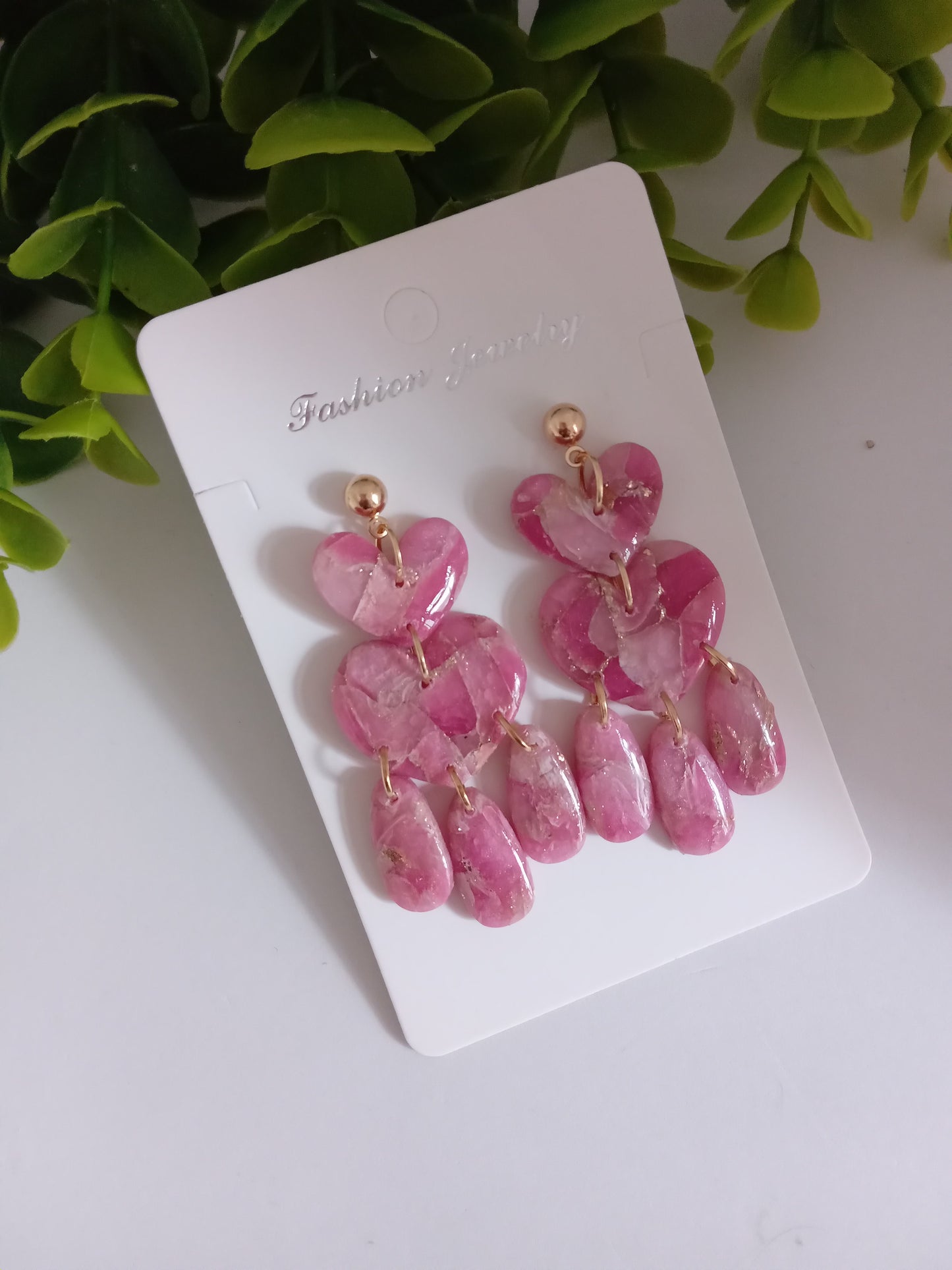 Pink Marble Heart Dangle Earrings - Lightweight Clay Statement Jewelry