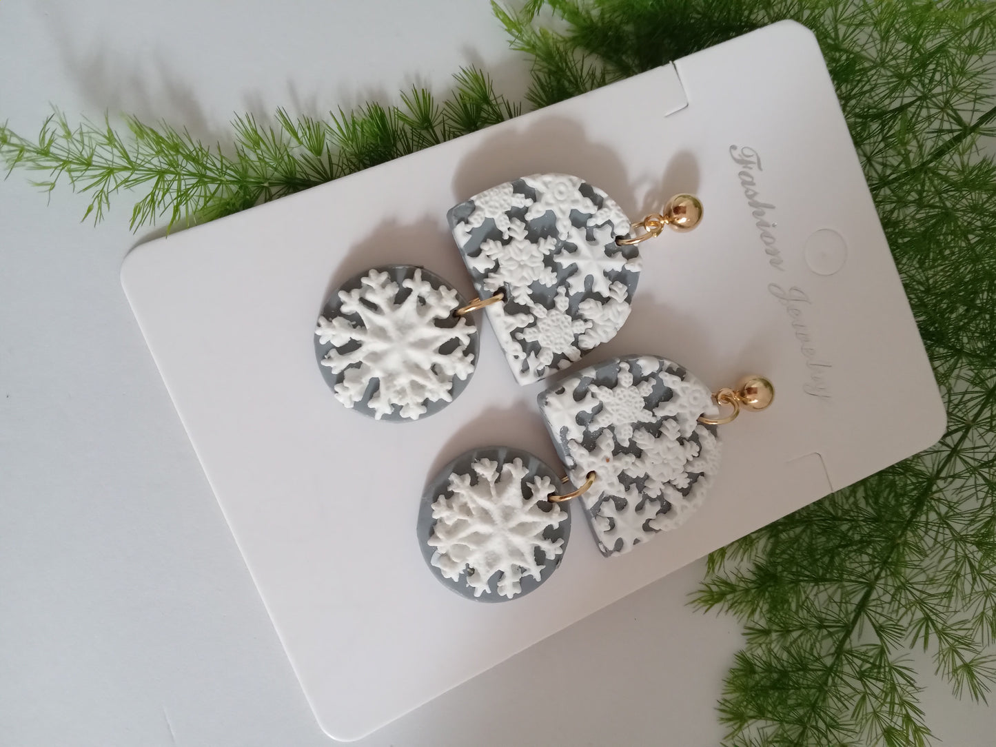 Snowflake Earrings - Winter Polymer Clay Drop Earrings/Handmade Holiday Jewelry