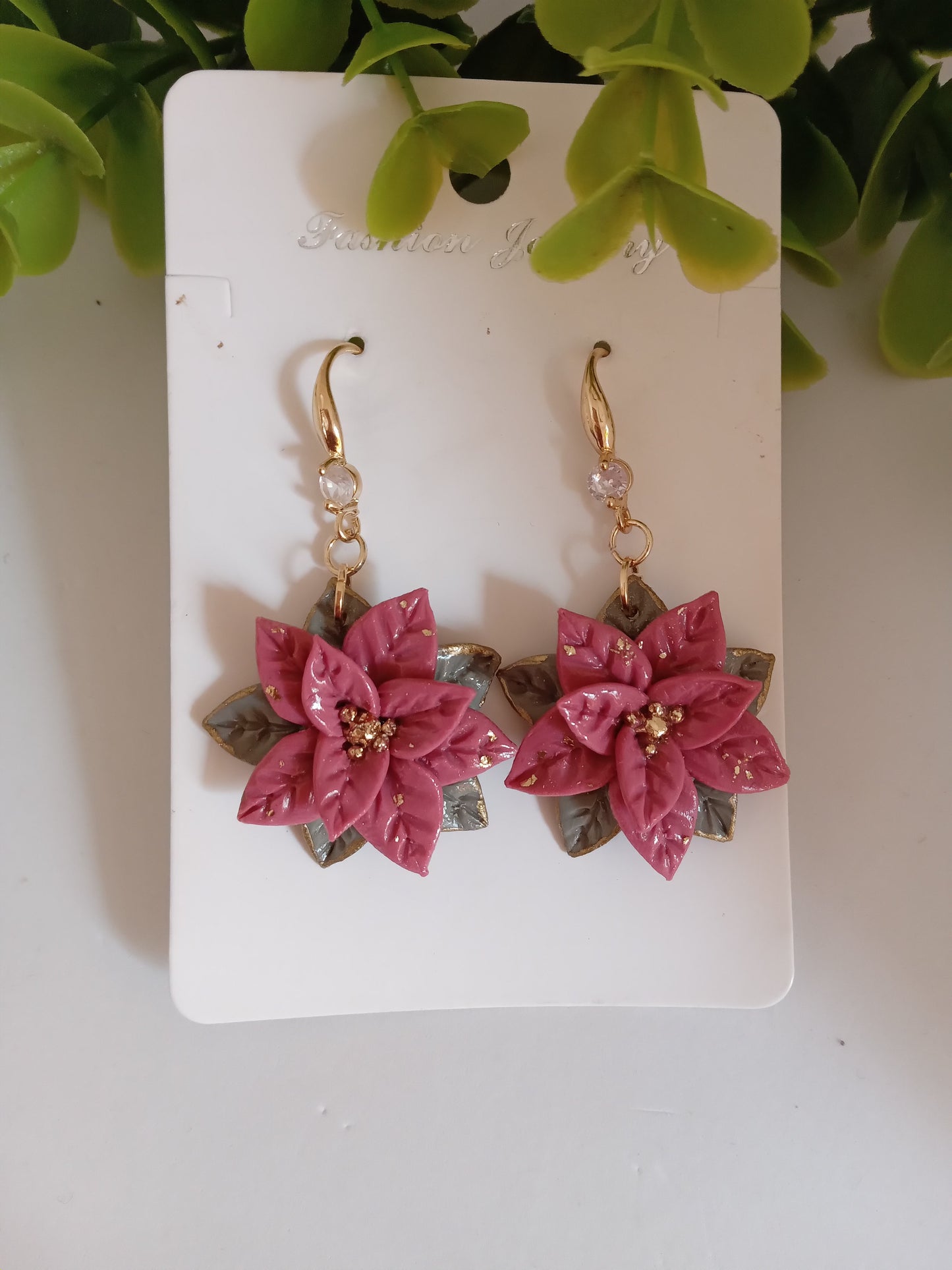 Christmas pink Poinsettia Flower Earrings – Handmade Holiday Dangle Earrings, Festive Floral Jewelry Gift for Women