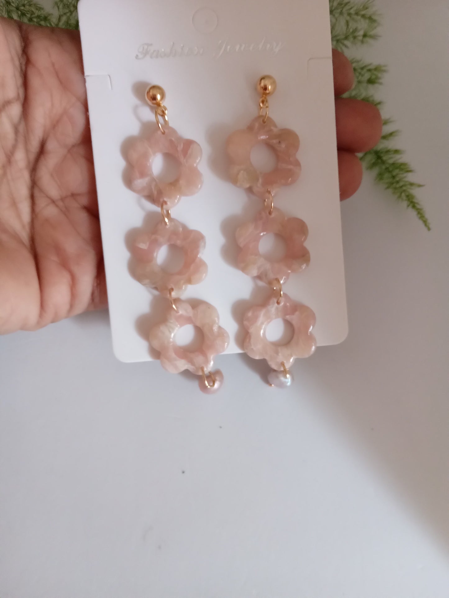 Handmade Pink Flower Earrings with Fresh Water Pearl - Lightweight Floral Dangle Jewelry for Women